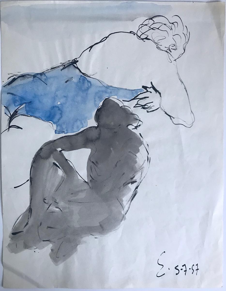 Figure is an original drawing in watercolor and china ink on paper realized in 1957 by Henri Espinouze (1915-1982).

Hand-signed on the lower right and dated.

The state of preservation is good with small folding.

The artwork represents a figure
