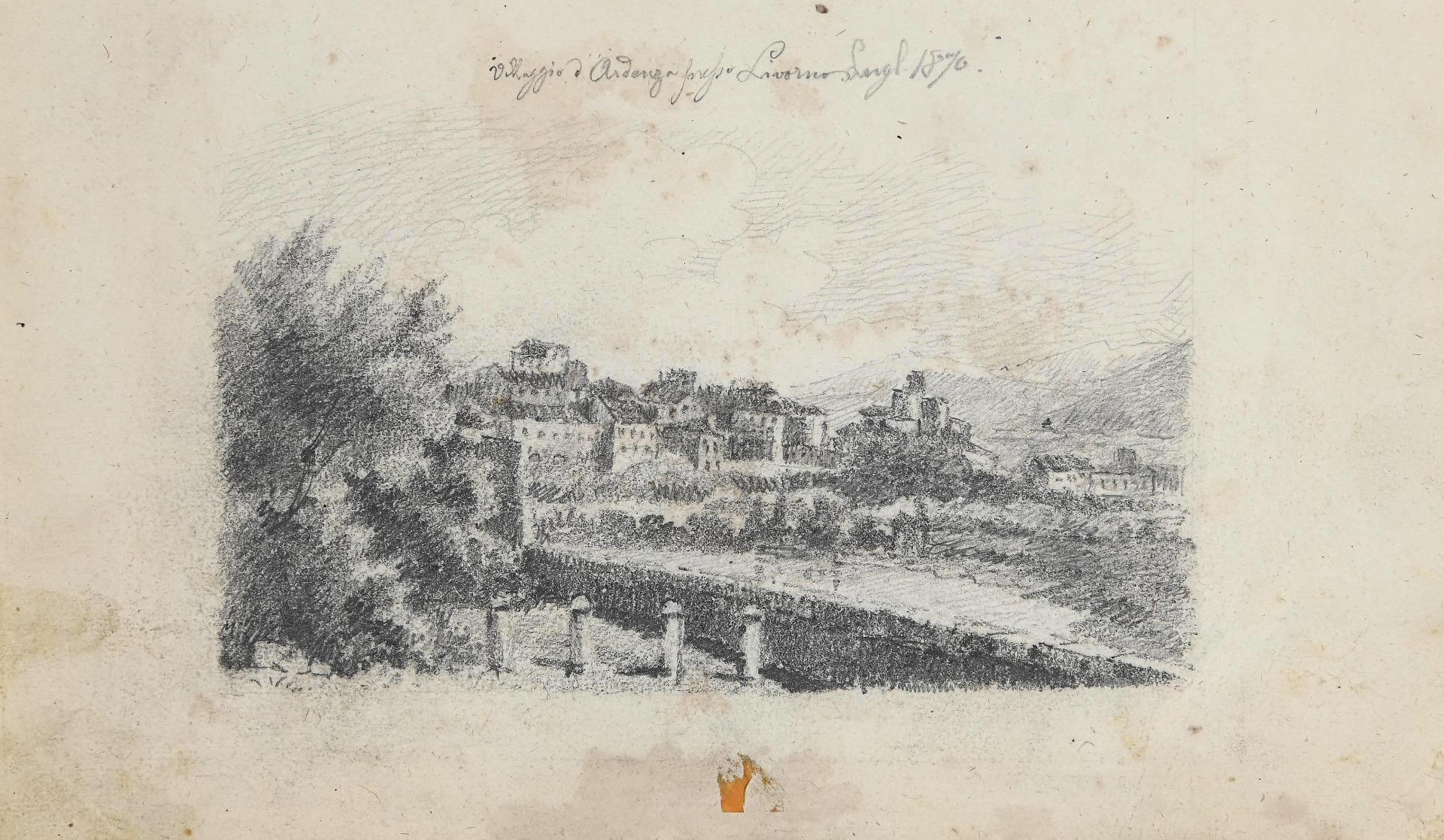 Le paysage urbain d'Ardence, Livorno - dessin original au crayon, 1870