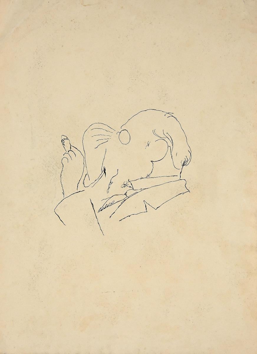 Unknown Figurative Art - The Man with Cigarette - Original Drawing in China Ink - Early 20th Century