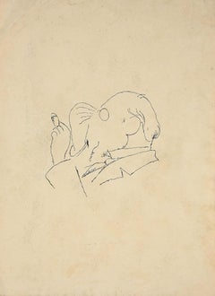 Antique The Man with Cigarette - Original Drawing in China Ink - Early 20th Century
