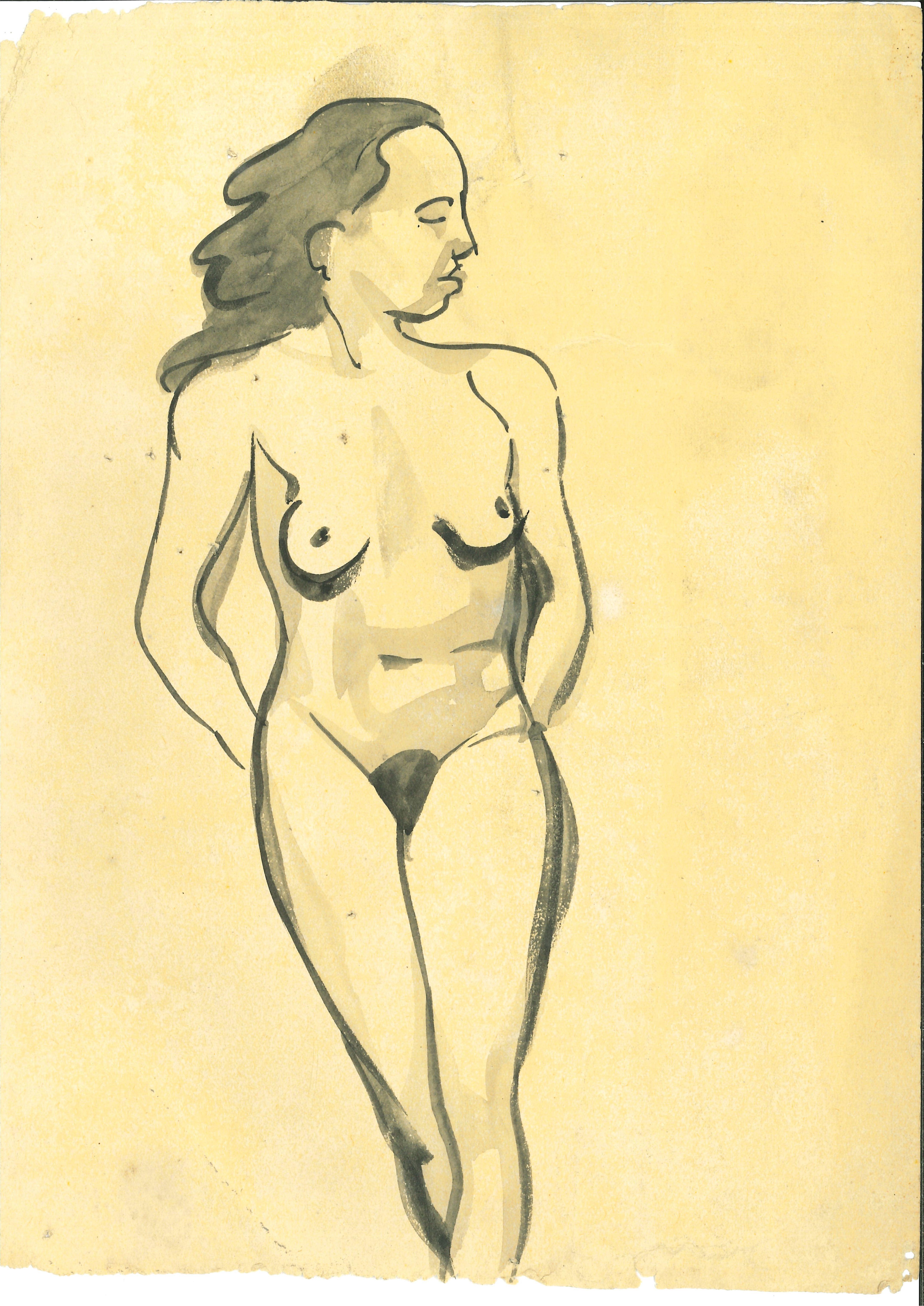 André Meaux Saint-Marc Figurative Art - Nude Woman - Original Pen and Watercolor by André MeauxSaint-Marc - 1900