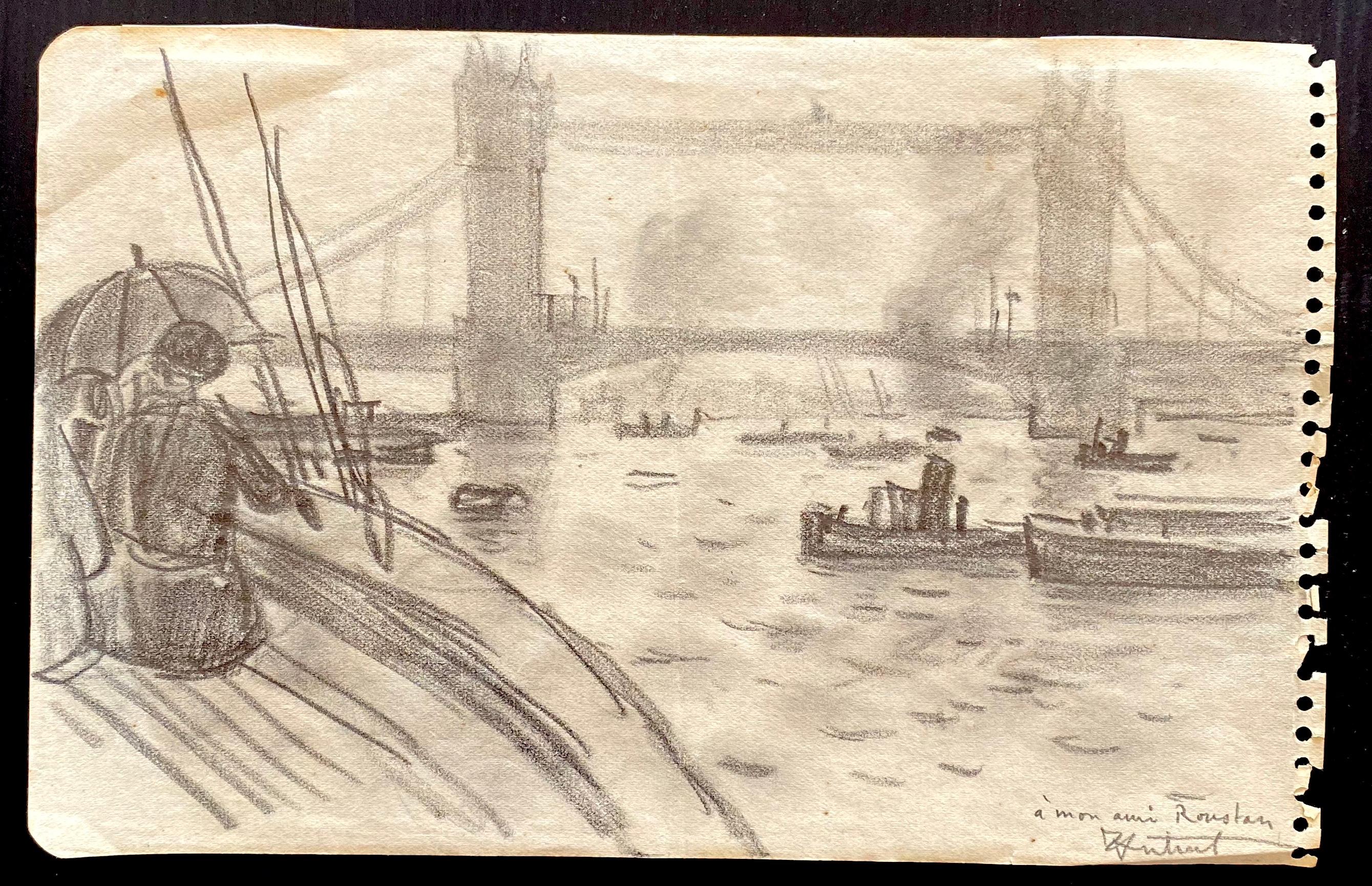 Boats on the Thames – Originalzeichnung von Robert Louis Antral – 1920er Jahre