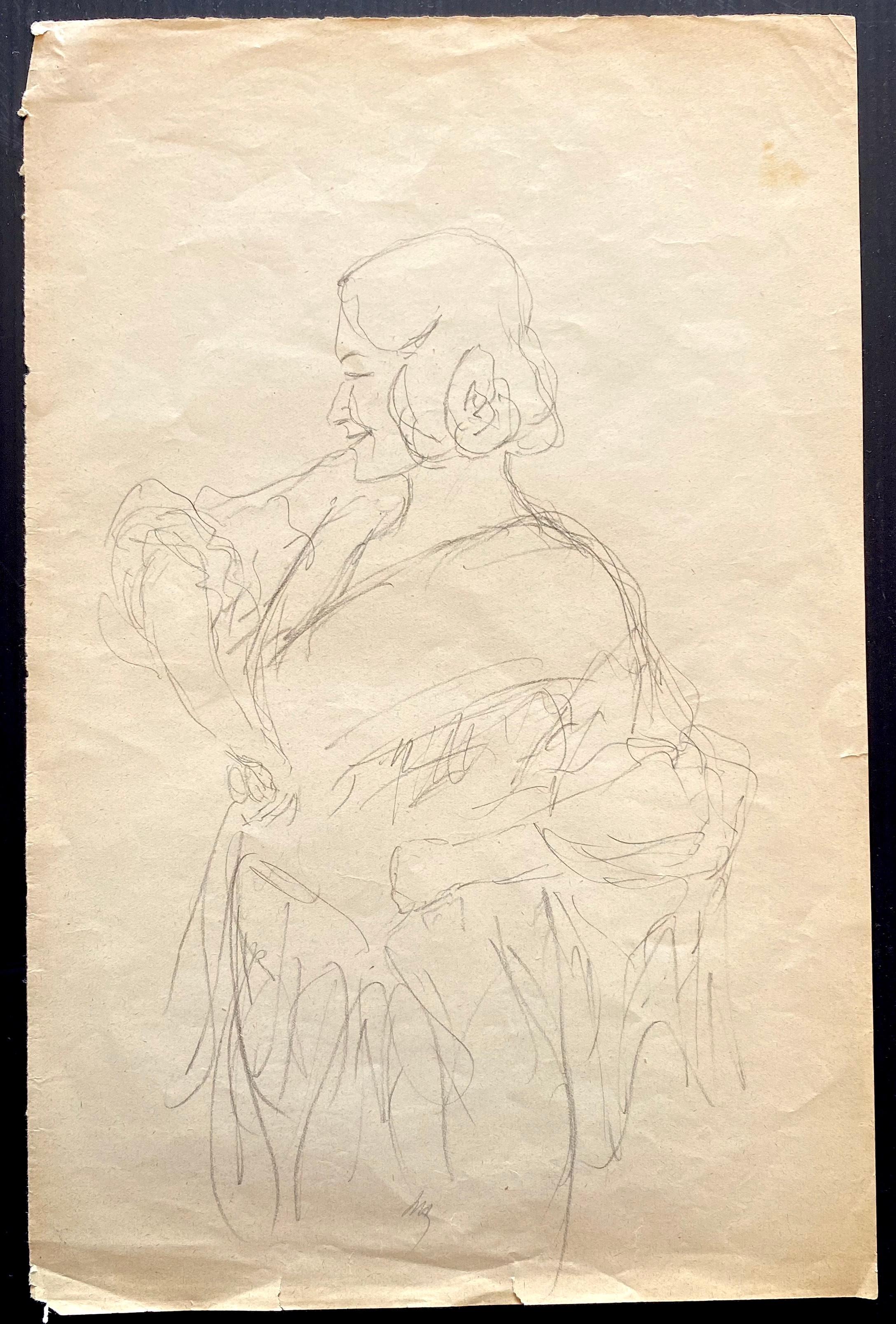 Figures is an original drawing in pencil on paper by Karl Hauny.

In Good condition except for being aged and two rippings at the bottom.

Not signed.

This artwork represents a female figure The artwork is depicted through strong strokes in a