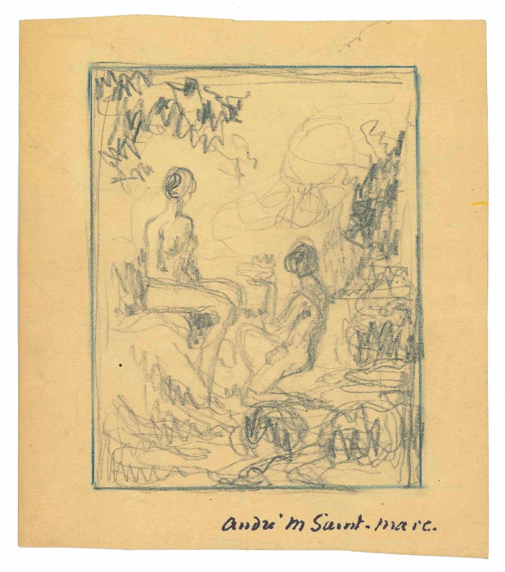 Bather - Original Pencil Drawing by André MeauxSaint-Marc - Early 20th Century
