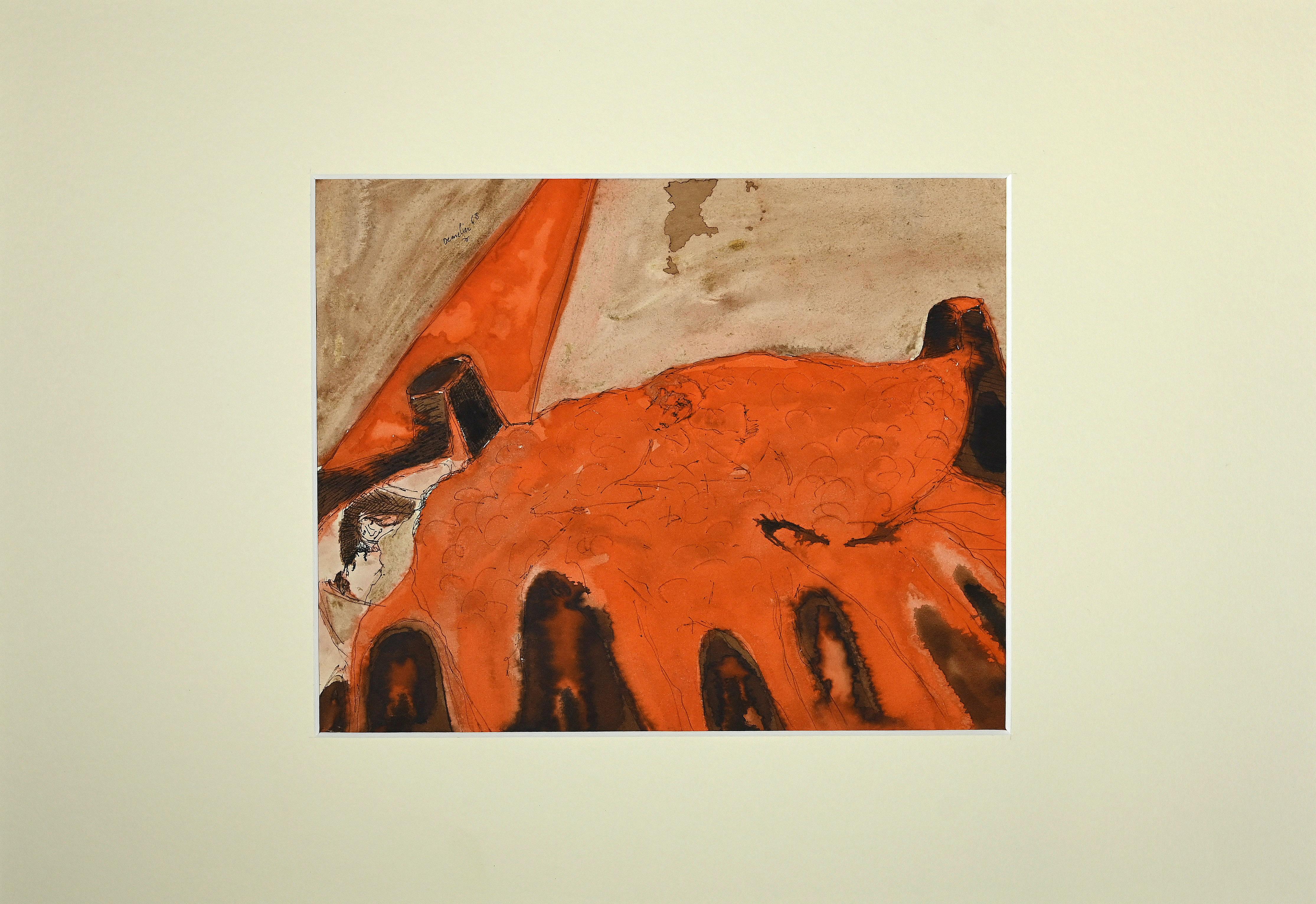 In Bed is original watercolor drawing realized by Jean Demelier in 1968.
Hand-signed at the top left.
Sehr guter Zustand.
Included a white Passepartout: 34 x 49 cm.
Delicate and enjoyable artwork represents two figures in a big reddish bed,