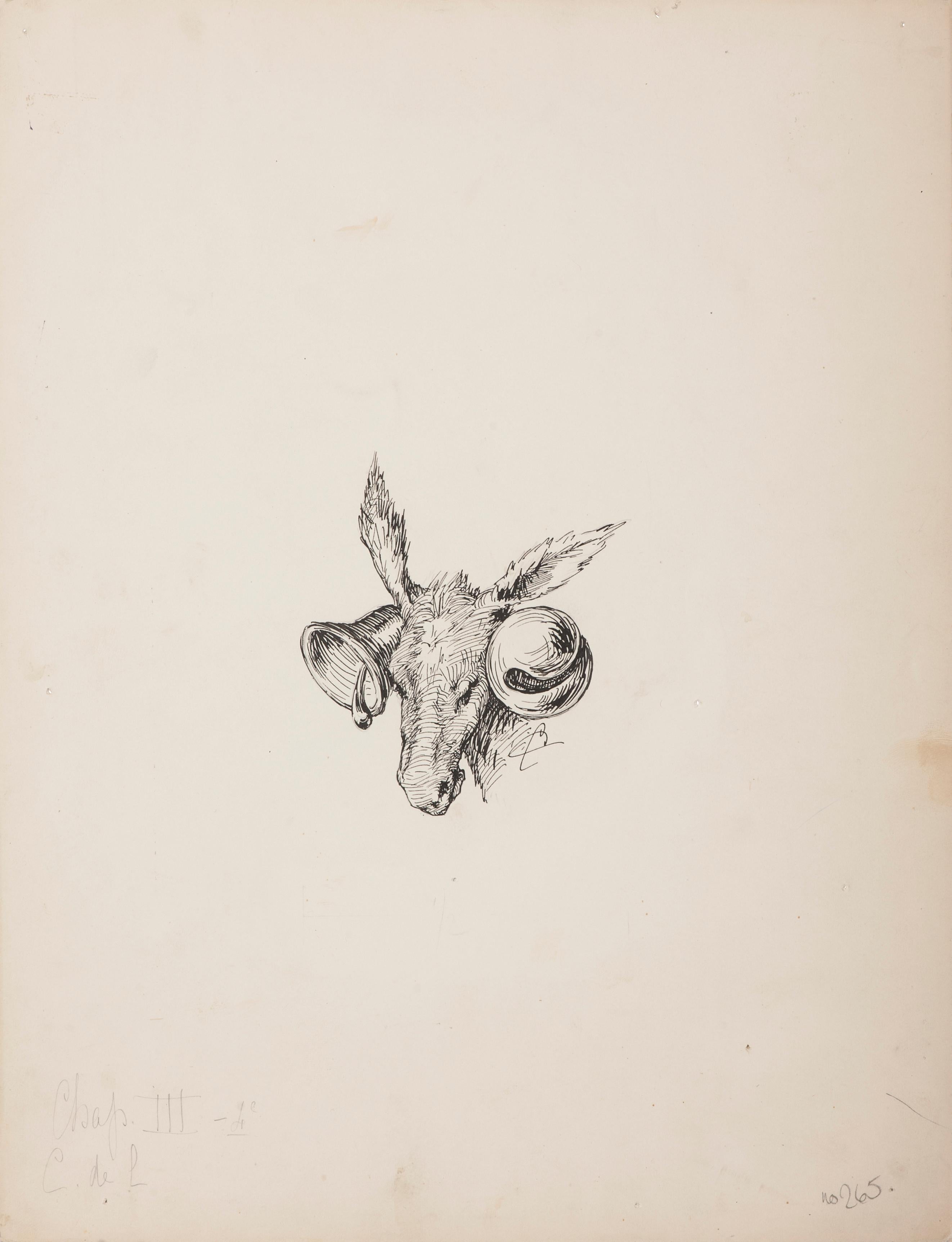 Unknown Animal Art - Donkey with Bells - Original Drawing in pen - Early 20th Century