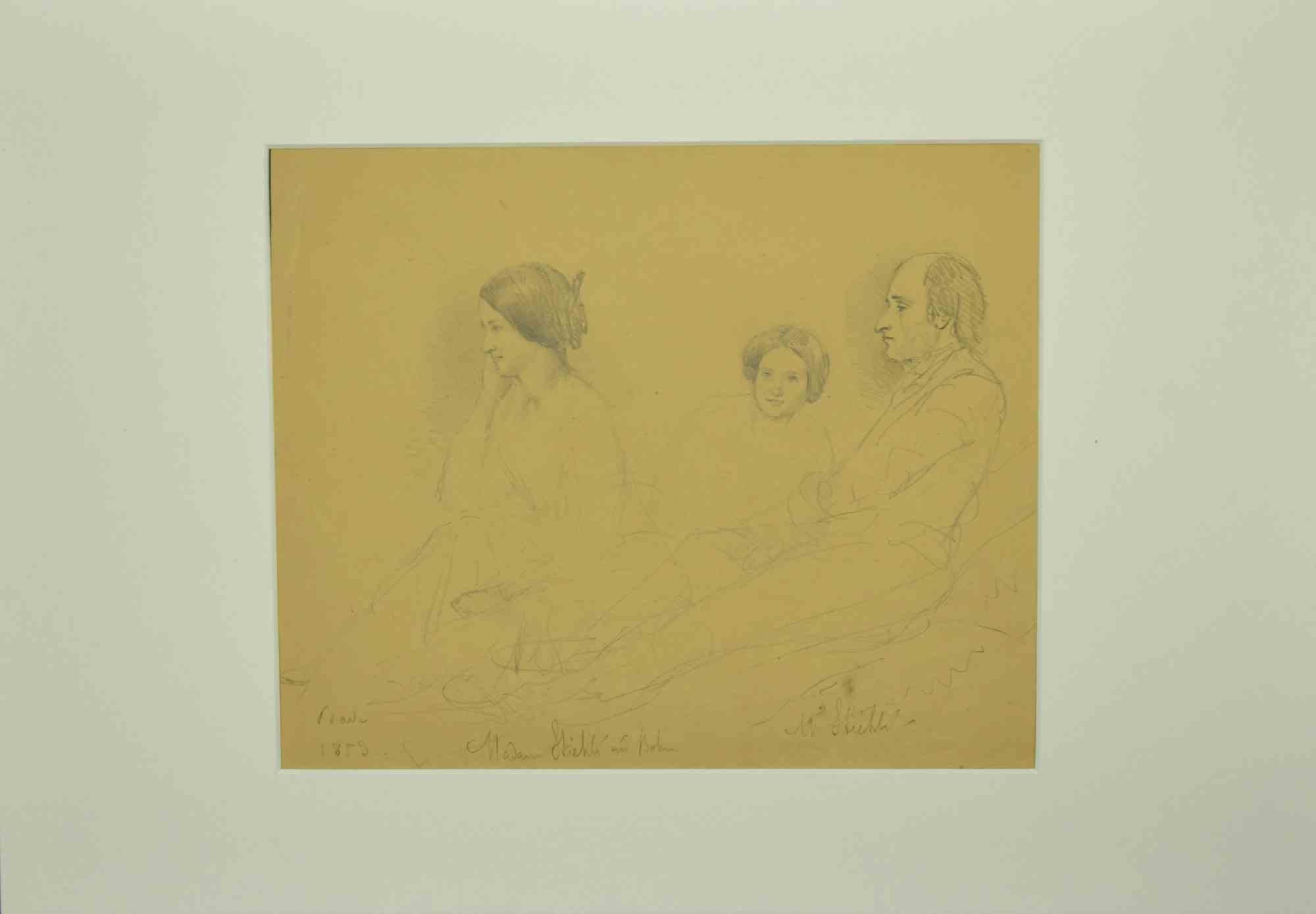 Familienporträt - Original-Bleistiftzeichnung - 1853