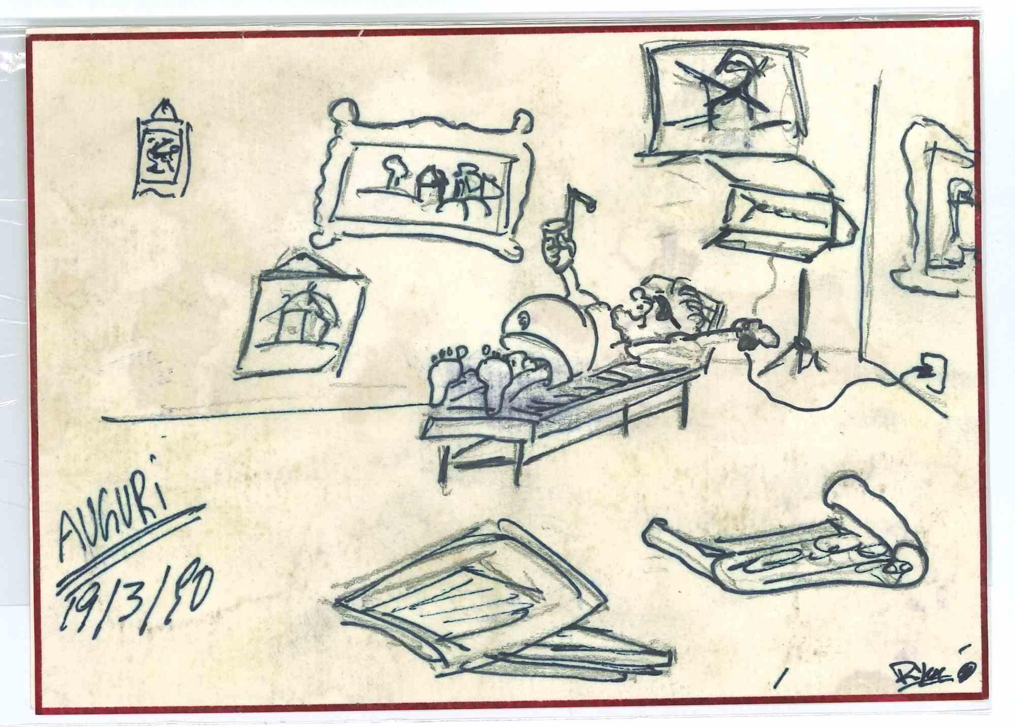 El Artista Broncéate en un dibujo original a lápiz y bolígrafo realizado por Riccardo Origon en 1990.

Buen estado, salvo algunas manchas en la parte posterior.

El cartoncito tiene un contorno rojo.

Podría ser una tarjeta de felicitación porque en