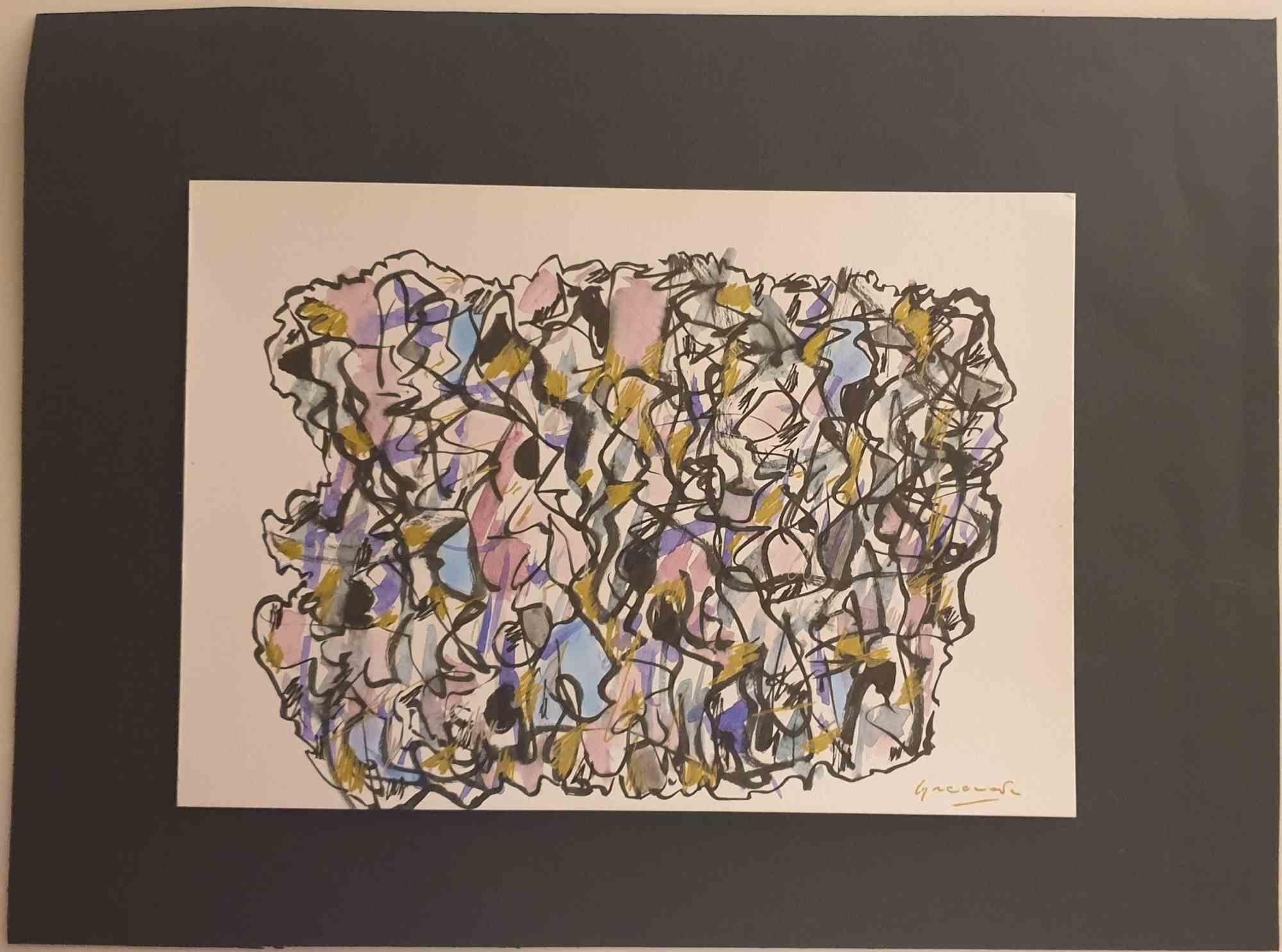 Composition is an original artwork realized by Maurizio Gracceva (Roma, 1955) in 2010.

China ink and watercolor, Hand-signed.

Good condition.

Author of numerous philosophical and literary essays, since a very young age  Maurizio Gracceva has