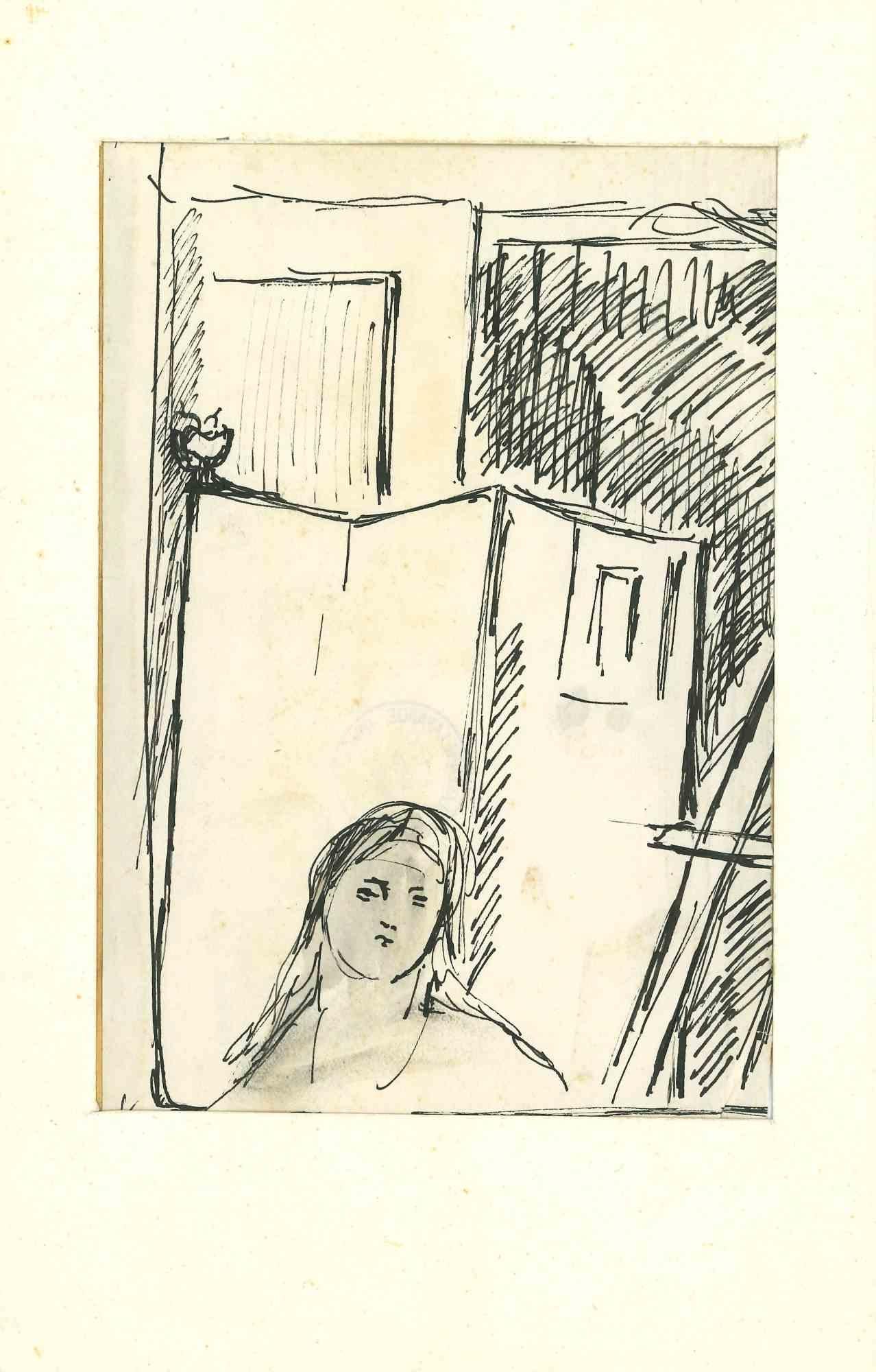Herta Hausmann Figurative Art - Figure in an Interior - Original Pen Drawing by H. Hausmann - Mid-20th Century