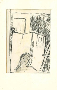 Vintage Figure in an Interior - Original Pen Drawing by H. Hausmann - Mid-20th Century