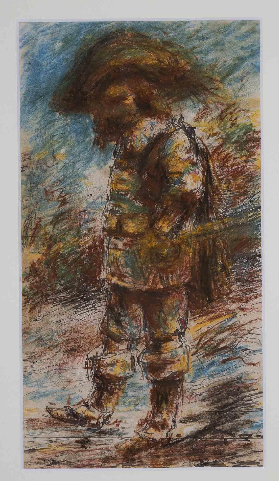 Unknown Abstract Drawing - The Musketeer - Original Mixed Media - 1970s