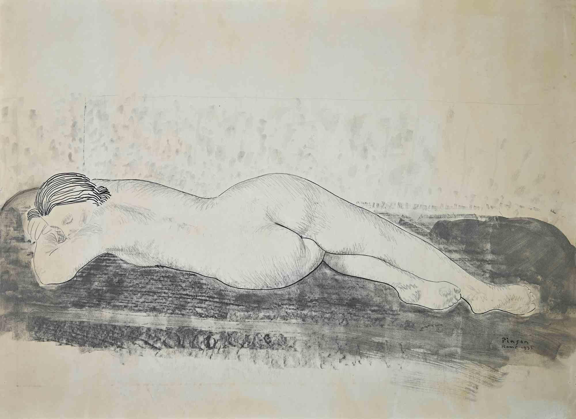 Nude of Woman - Original China Ink and watercolour by C.E. Pinson - 1935 - Art by Pinson Charles-Emile