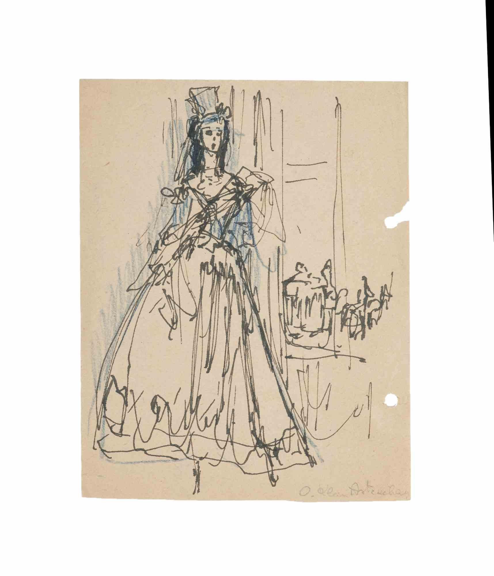 Ópera es un dibujo original en Pluma y tinta sobre papel realizado por Olga Klein Astrachan (1907-1999).

Buenas condiciones, salvo un recorte en el margen derecho,

Firmado a mano.

La obra representa a una actriz de ópera. La obra de arte se