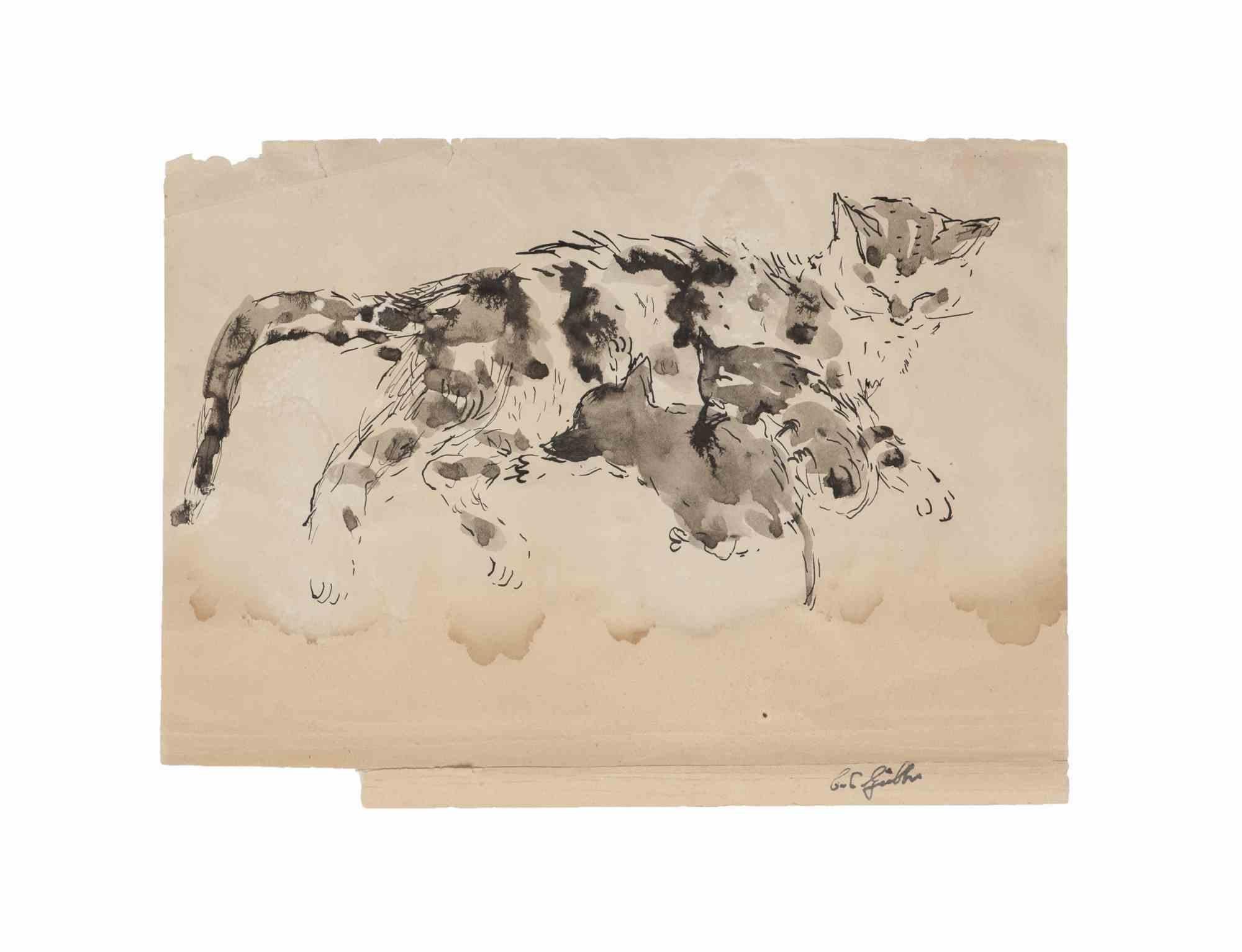 The Cat - Original Watercolor on Paper by Carl Kubler - Mid-20th Century