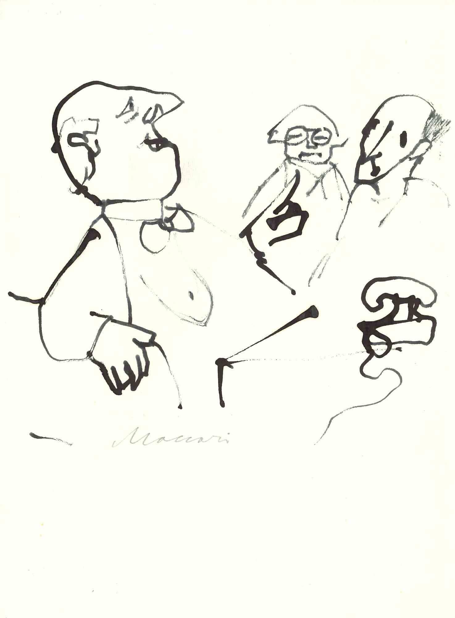 Conversation is an original drawing on paper, realized around the Seventies by the great Italian artist and journalist, Mino Maccari (Siena, 1898 - 1989). 

Black marker drawing on ivory-colored and watermarked paper “Chinese paper”. 

Signed