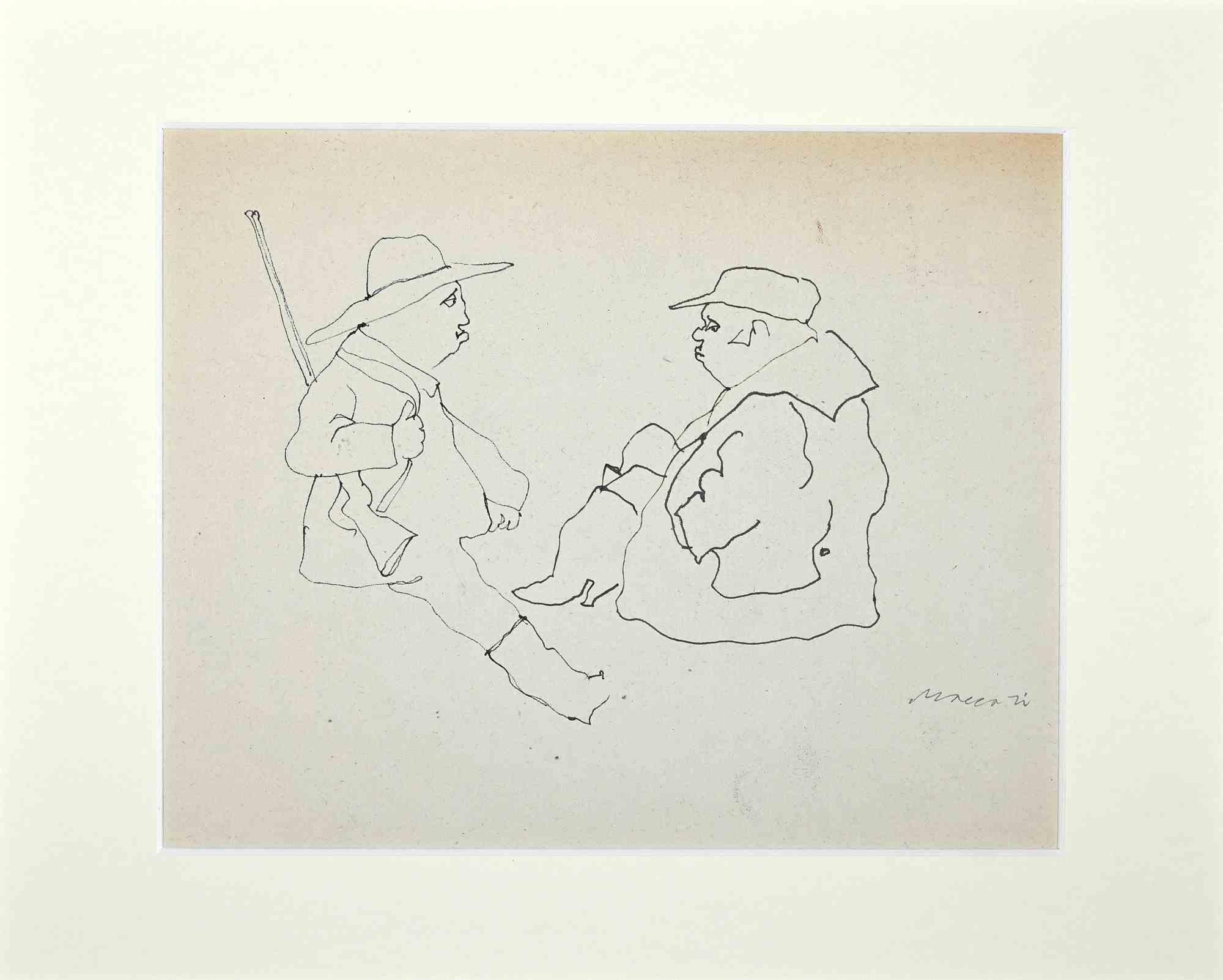Hunters is an original drawing in china ink on paper, realized in the Mid-20th Century by the great Italian artist and journalist, Mino Maccari (Siena, 1898 - 1989).

Signed "Maccari" in pencil on the lower right margin.

With the incredible satiric