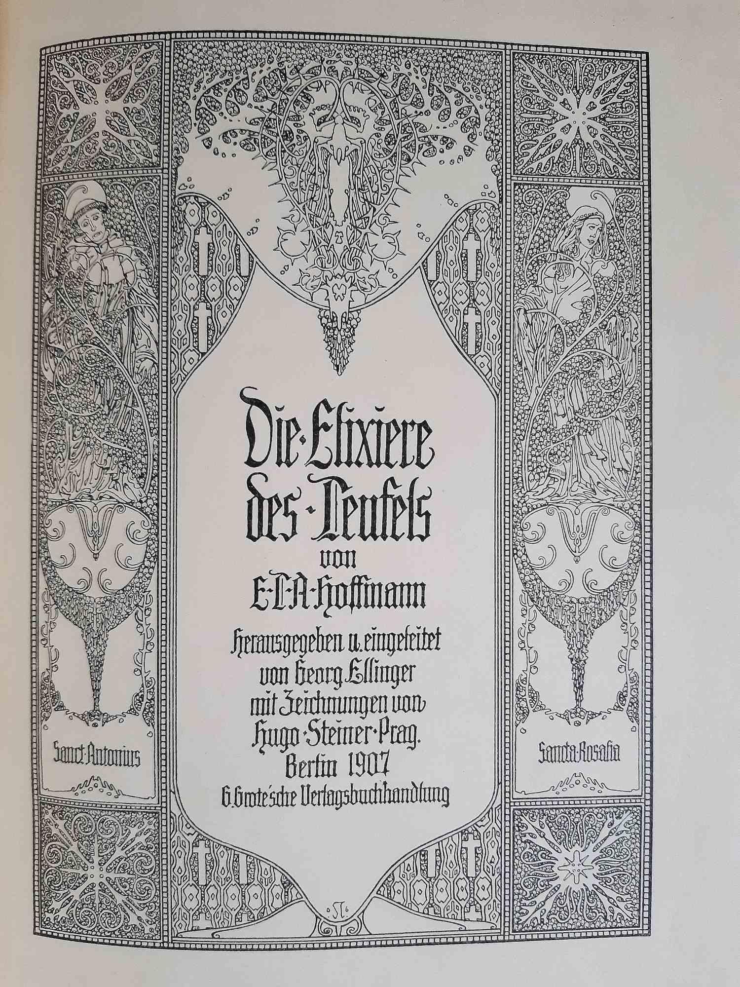 Die Elixiere des Teufels ist ein modernes, seltenes Buch, das von Hoffman E.T.A. (24. Januar 1776 - 25. Juni 1822) geschrieben und 1907 von Hugo Steiner-Prag (Prag, 1880 - New York, 1945) illustriert wurde.

Original-Erstausgabe mit