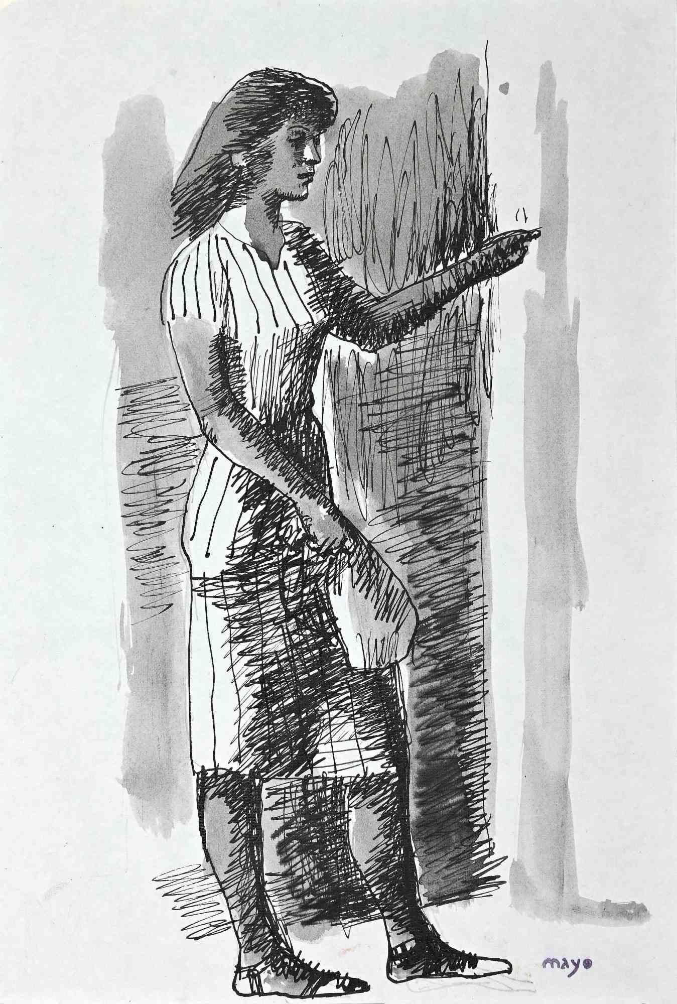 Figure of Woman - China Ink and Watercolor by Mayo - 1950s