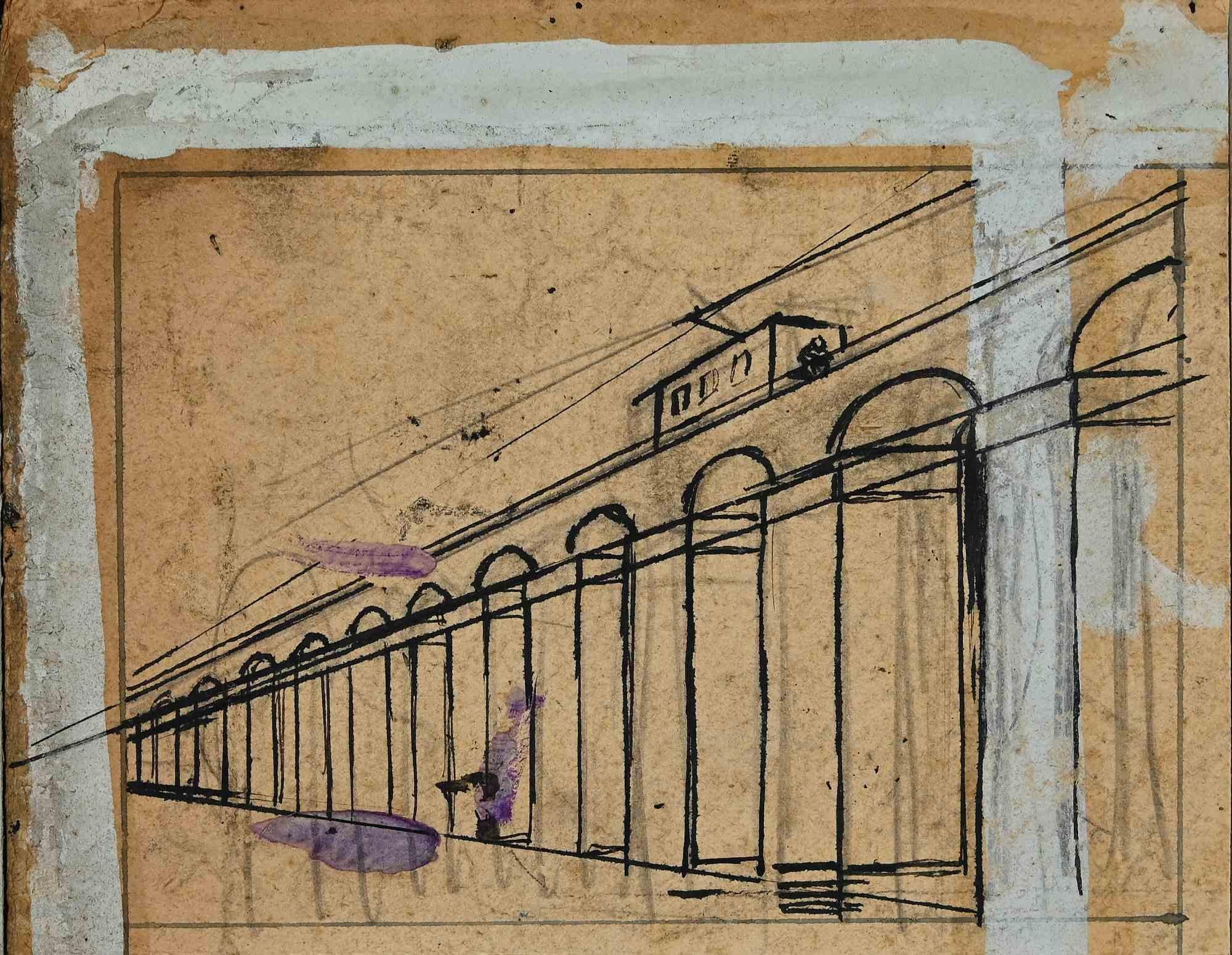 Tram ist eine Originalzeichnung aus China und Blei von Gabriele Galantara aus dem Jahr 1905.

Guter Zustand, montiert auf einem cremefarbenen Passepartout aus Karton (34,5x50 cm) mit hellblauem Profil.

Keine Signatur, einige violette