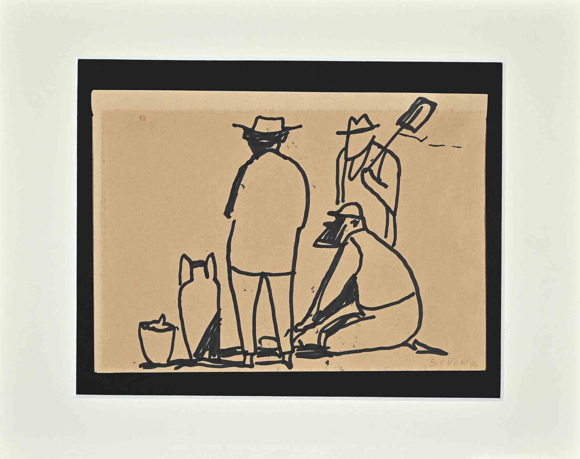 Figurative Art Brunello Ulloa Serena - Archeologistes - dessin original au stylo par Brunello Ulloa Seren - 1960