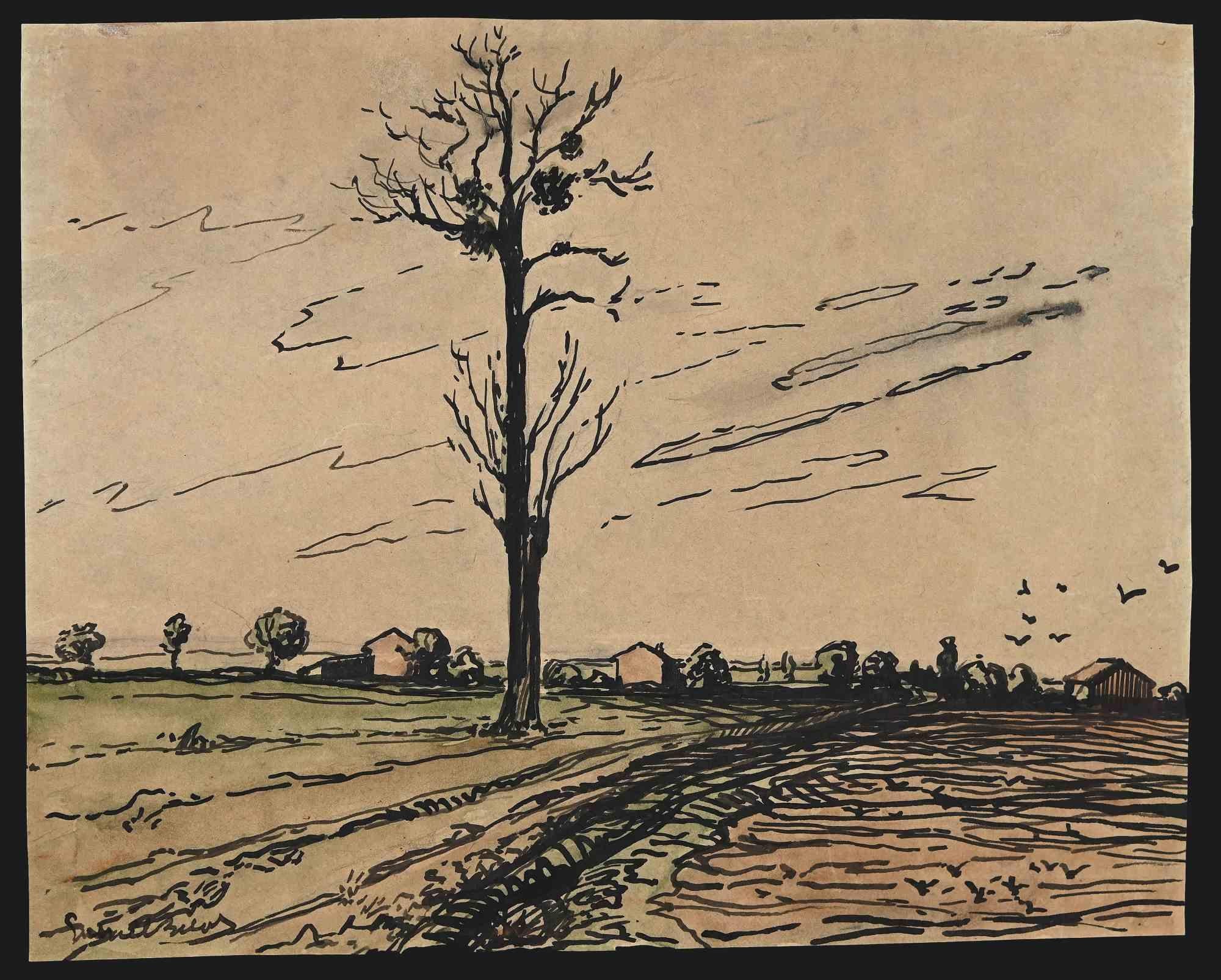 French Countryside - Original China Ink Drawing and Watercolor - 1940s