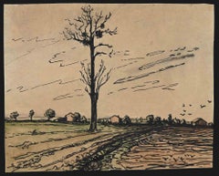 Antique French Countryside - Original China Ink Drawing and Watercolor - 1940s