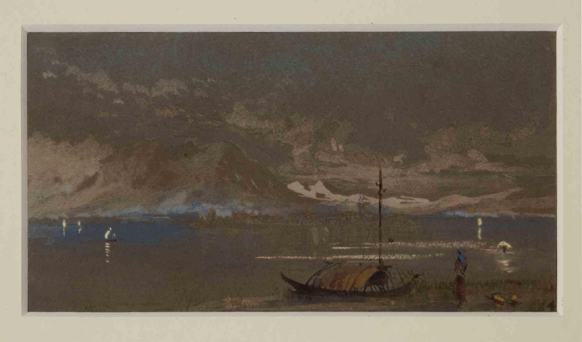 Unknown Landscape Art – Como. The mountain on the lake - Original Tinte und Aquarell - Mitte des 20. Jahrhunderts