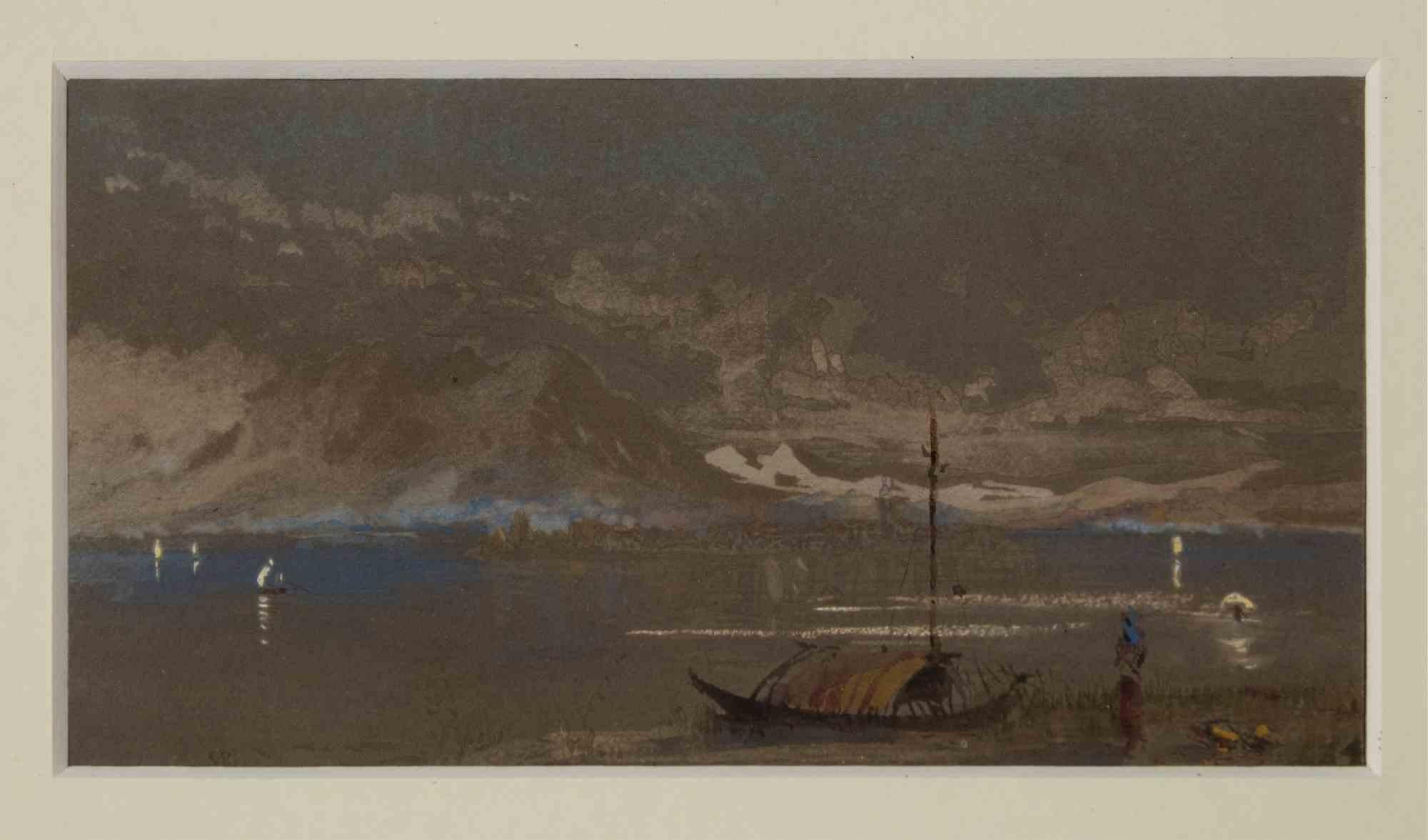 Comme de Côme. La montagne sur le lac - Encre et aquarelle originales - Milieu du XXe siècle