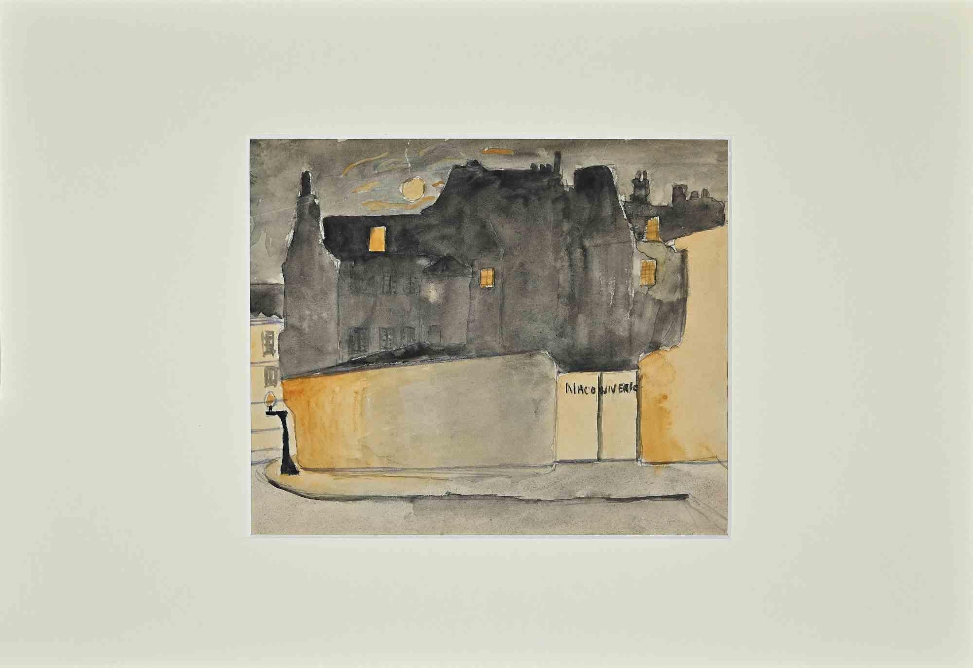 Unknown Landscape Art - Paris by Night - Original Watercolour - 1960s