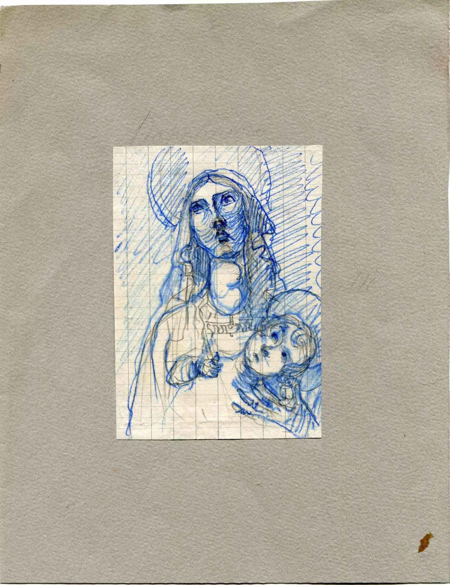 Madonna - Original Bleistift und Bleistift - frühes 20. Jahrhundert