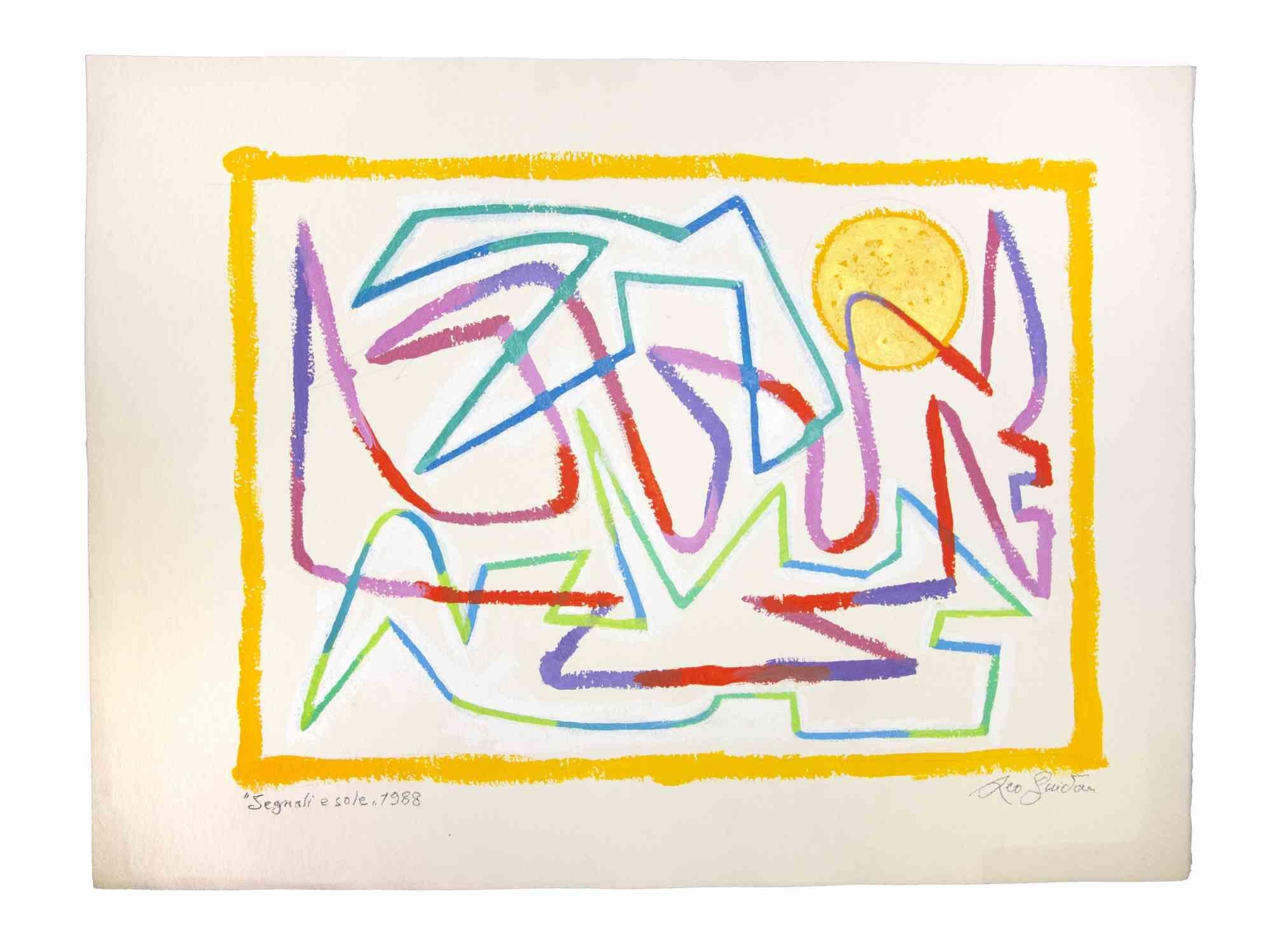 Segnali e sole is an original Contemporary artwork realized  in 1988  by the italian Contemporary artist  Leo Guida  (1992 - 2017).

Original drawing in beautiful colored tempera on ivory-colored cardboard.
 
Hand-signed and dated on the lower