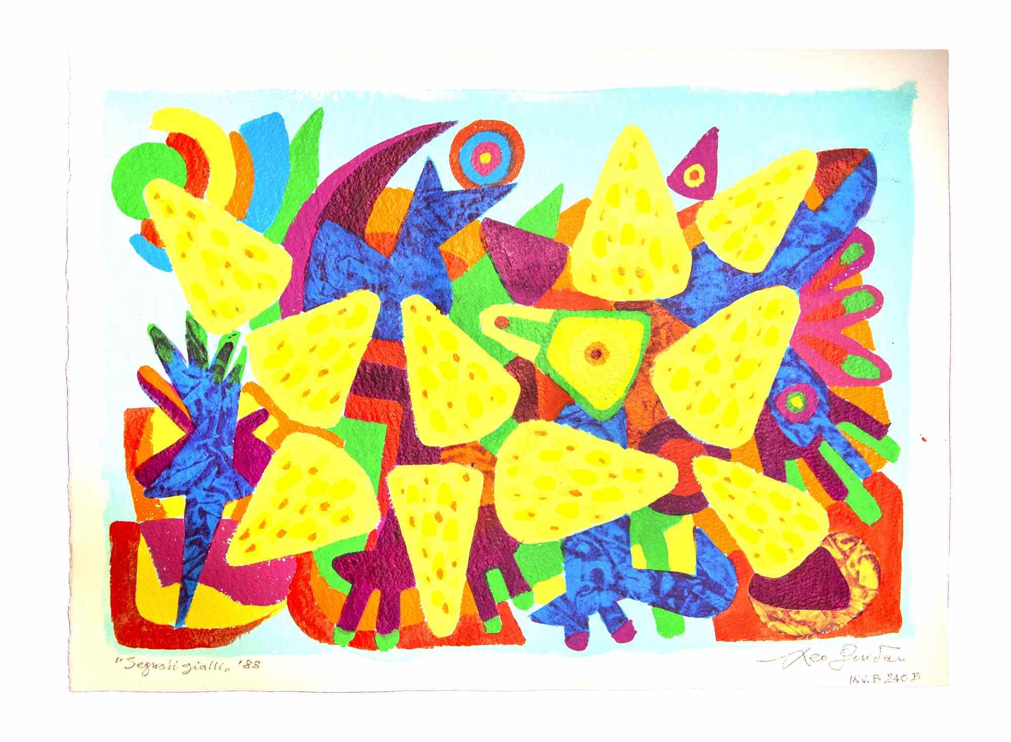 Segnali gialli is an original Contemporary artwork realized  in 1988  by the italian Contemporary artist  Leo Guida  (1992 - 2017).

Original drawing in beautiful colored tempera and watercolor on ivory-colored cardboard.
 
Hand-signed and dated on