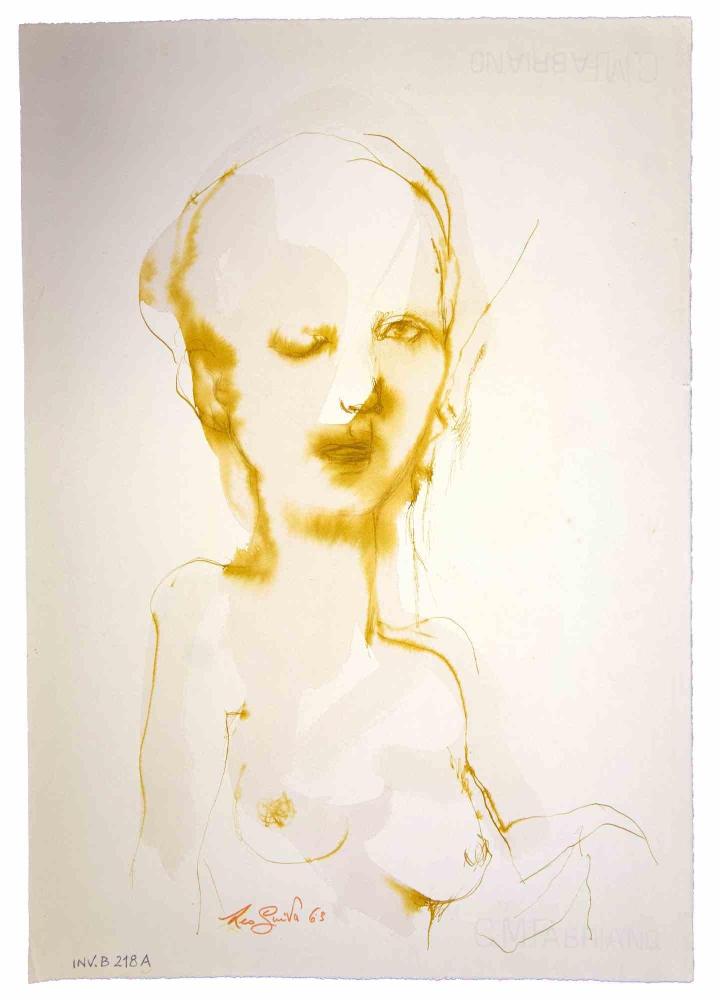 Portrait - Dessin à l'encre et à l'aquarelle de Leo Guida - 1963