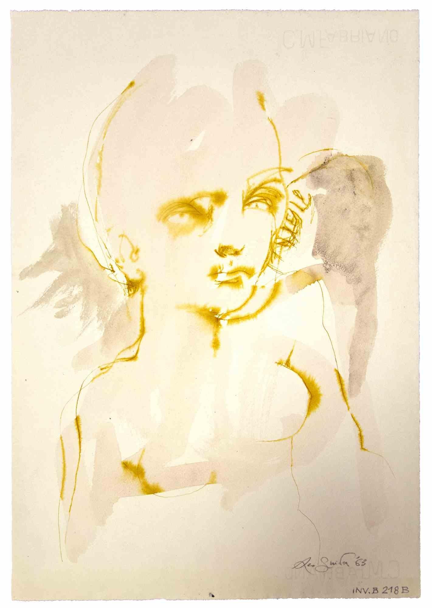 Ritratto - Disegno a inchiostro e acquerello di Leo Guida - 1963