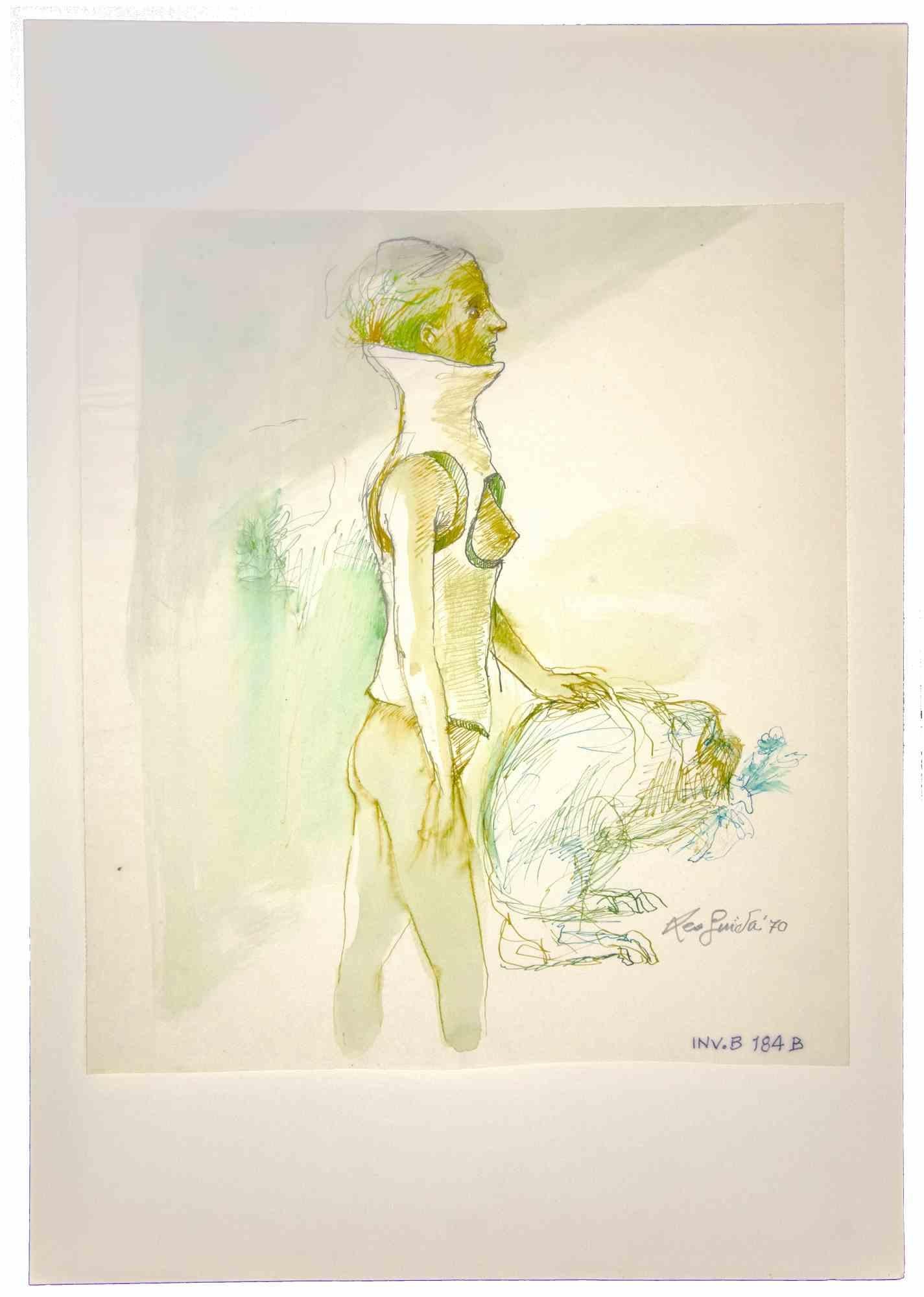 Nude ist ein originales zeitgenössisches Kunstwerk, das in den 1970er Jahren von dem italienischen zeitgenössischen Künstler Leo Guida (1992 - 2017) geschaffen wurde.

Originalzeichnung in Aquarell und Chinatusche auf elfenbeinfarbenem Papier, auf