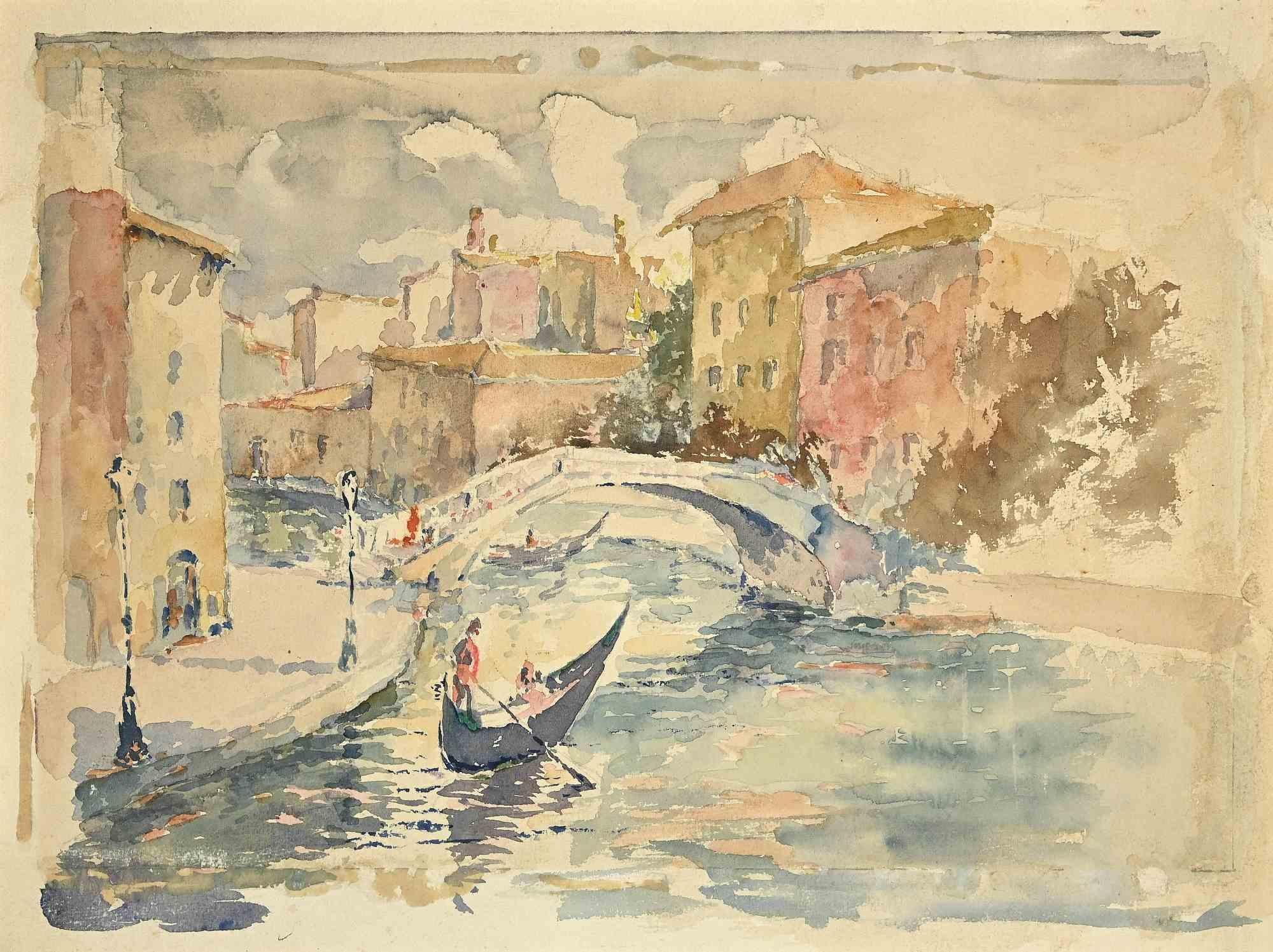 Unknown Landscape Print - View of Canal in Venice - Drawing - Mid-20th Century