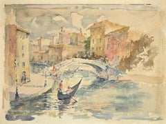 View of Canal in Venice - Original Drawing - Mid-20th Century