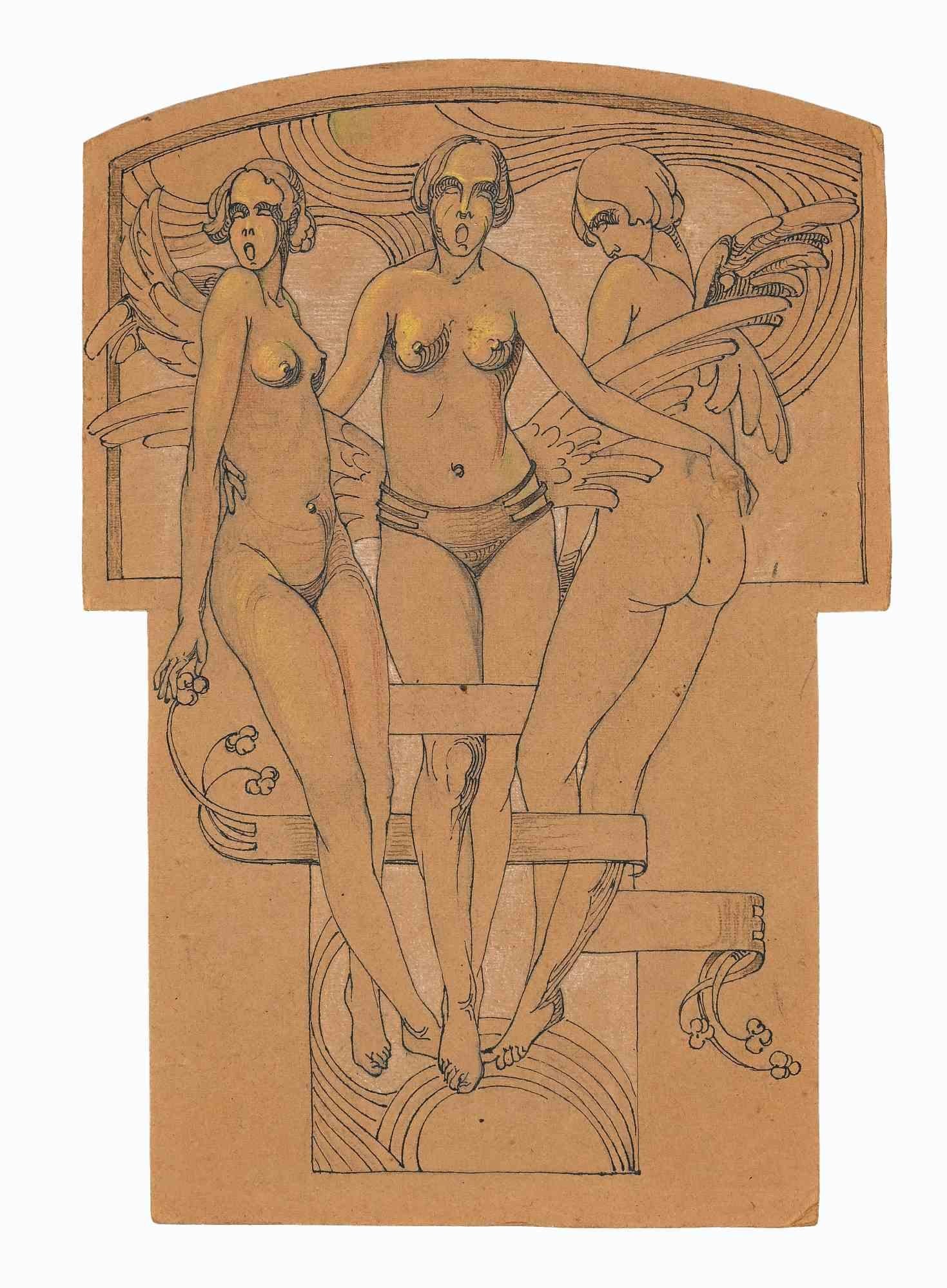 Unknown Figurative Art – Caryatids, Studie für Basrelief – Originalzeichnung – Anfang des 20. Jahrhunderts
