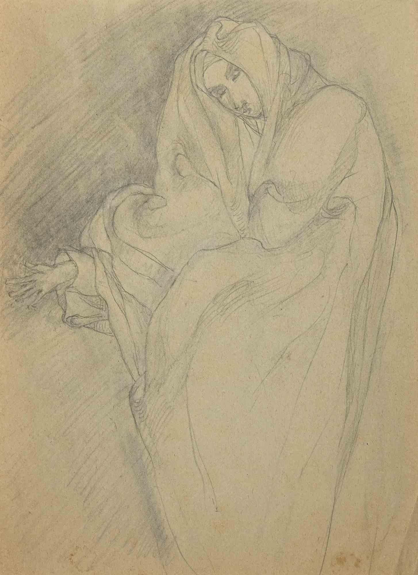 Unknown Figurative Art - Woman in the Wind - Original Pencil on Paper - Early 20th Century