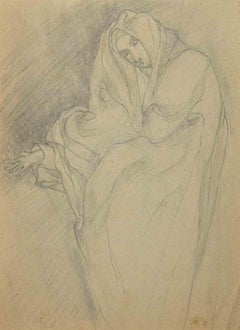 Antique Woman in the Wind - Original Pencil on Paper - Early 20th Century