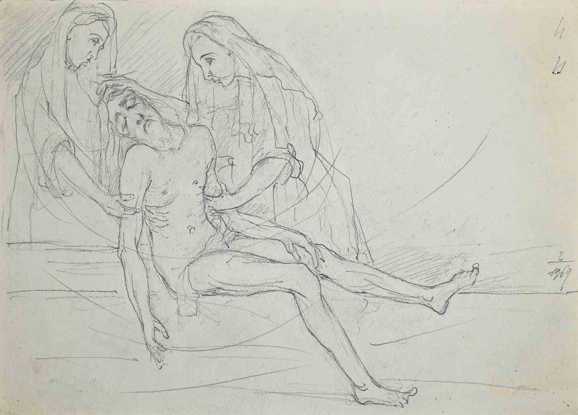 Unknown Figurative Art - The Dead Christ - Original Drawing - Early 20th century