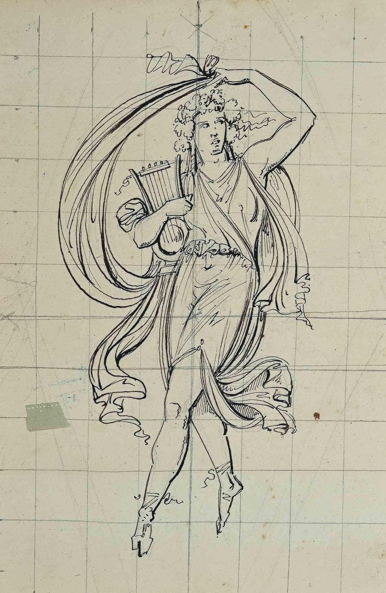 Unknown Figurative Art - Artemis with the Harp - Original Pen Drawing - Early 20th Century.