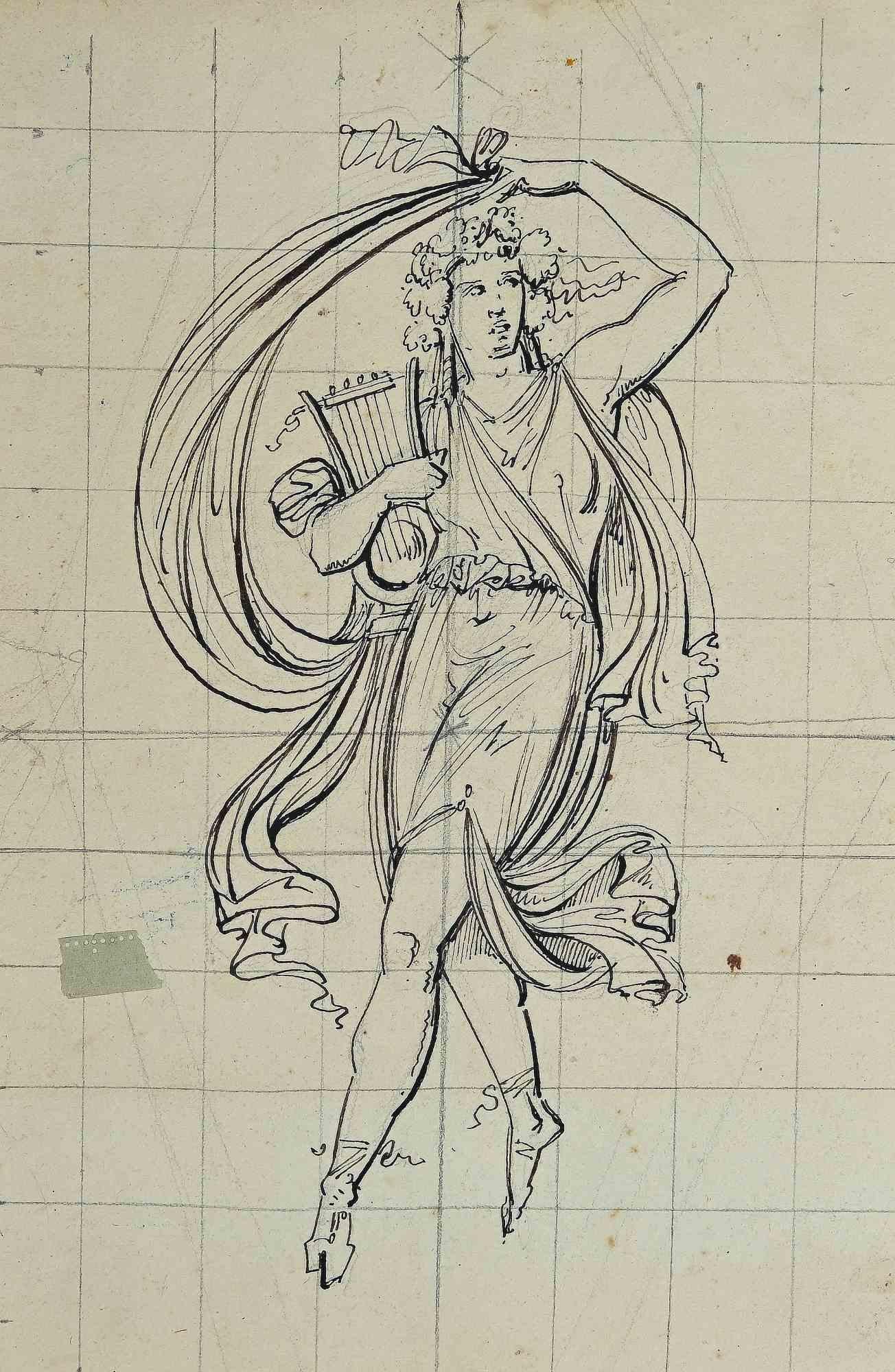 Artemis with the Harp - Original Pen Drawing - Early 20th Century.