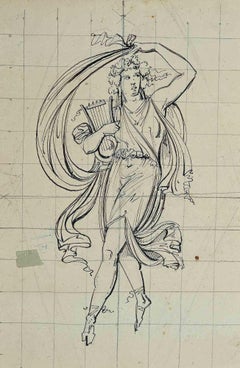 Antique Artemis with the Harp - Original Pen Drawing - Early 20th Century.