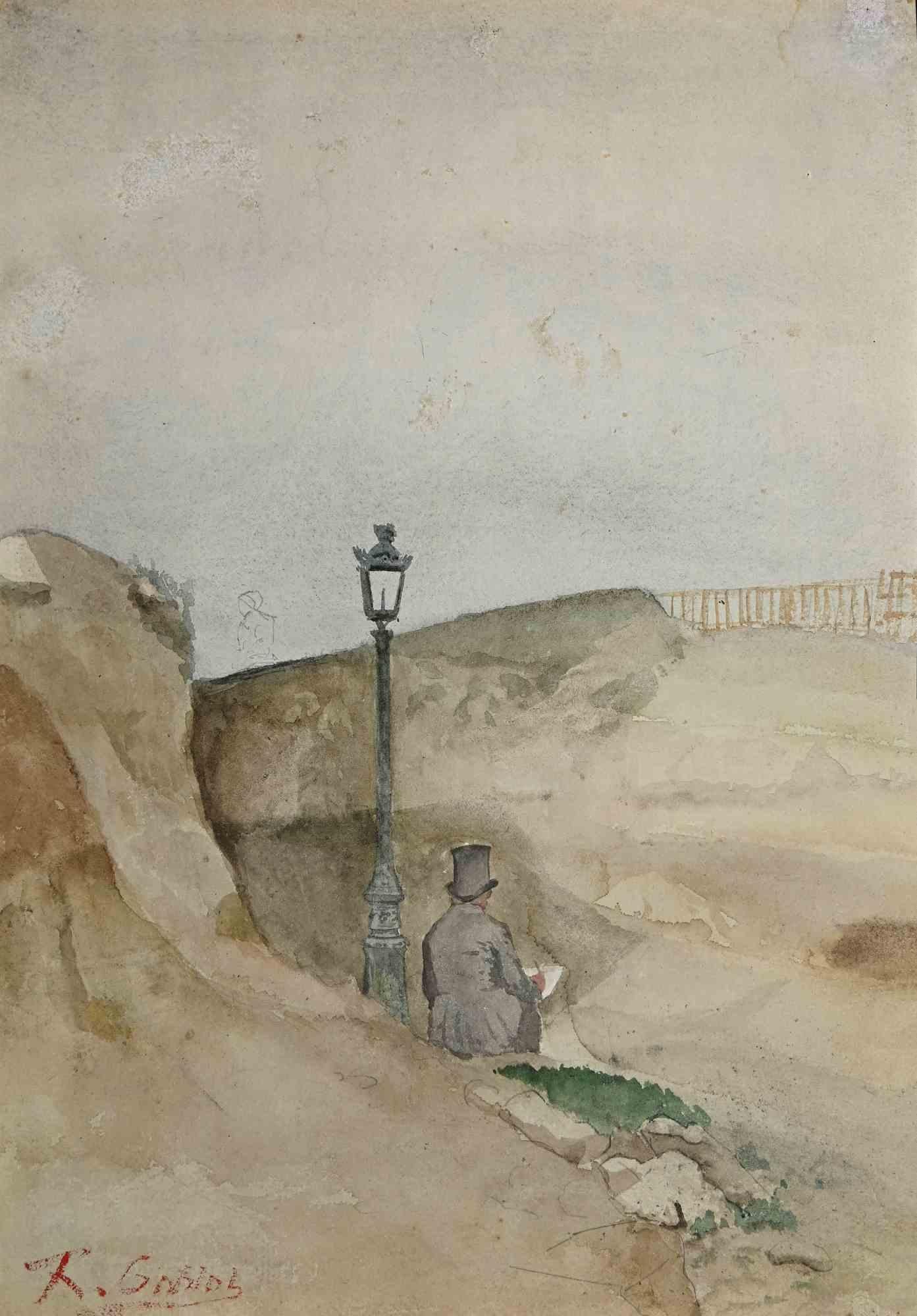 Unknown Figurative Art - The Writer on the Rocks - Original Watercolor - Early 20th Century