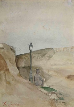 The Writer on the Rocks - Original Watercolor - Early 20th Century