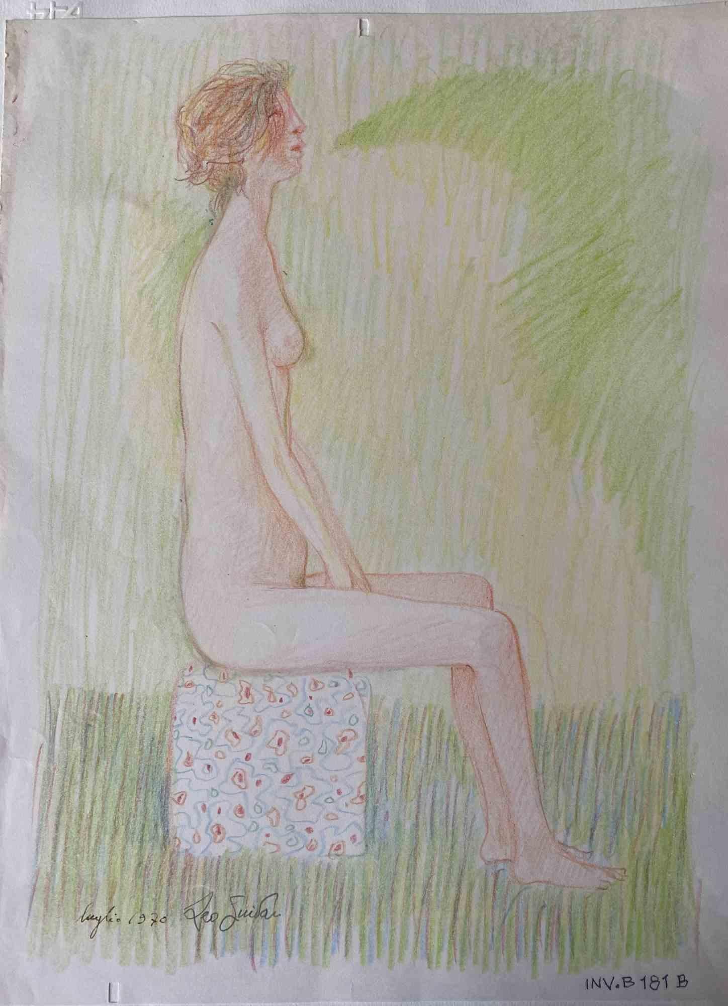 Nude is an original Contemporary artwork realized in 1970 by the italian Contemporary artist  Leo Guida  (1992 - 2017).

Original drawing in colored pencil on ivory-colored paper, glued on cardboard (50 x 35 cm)

Hand-signed and dated on the lower