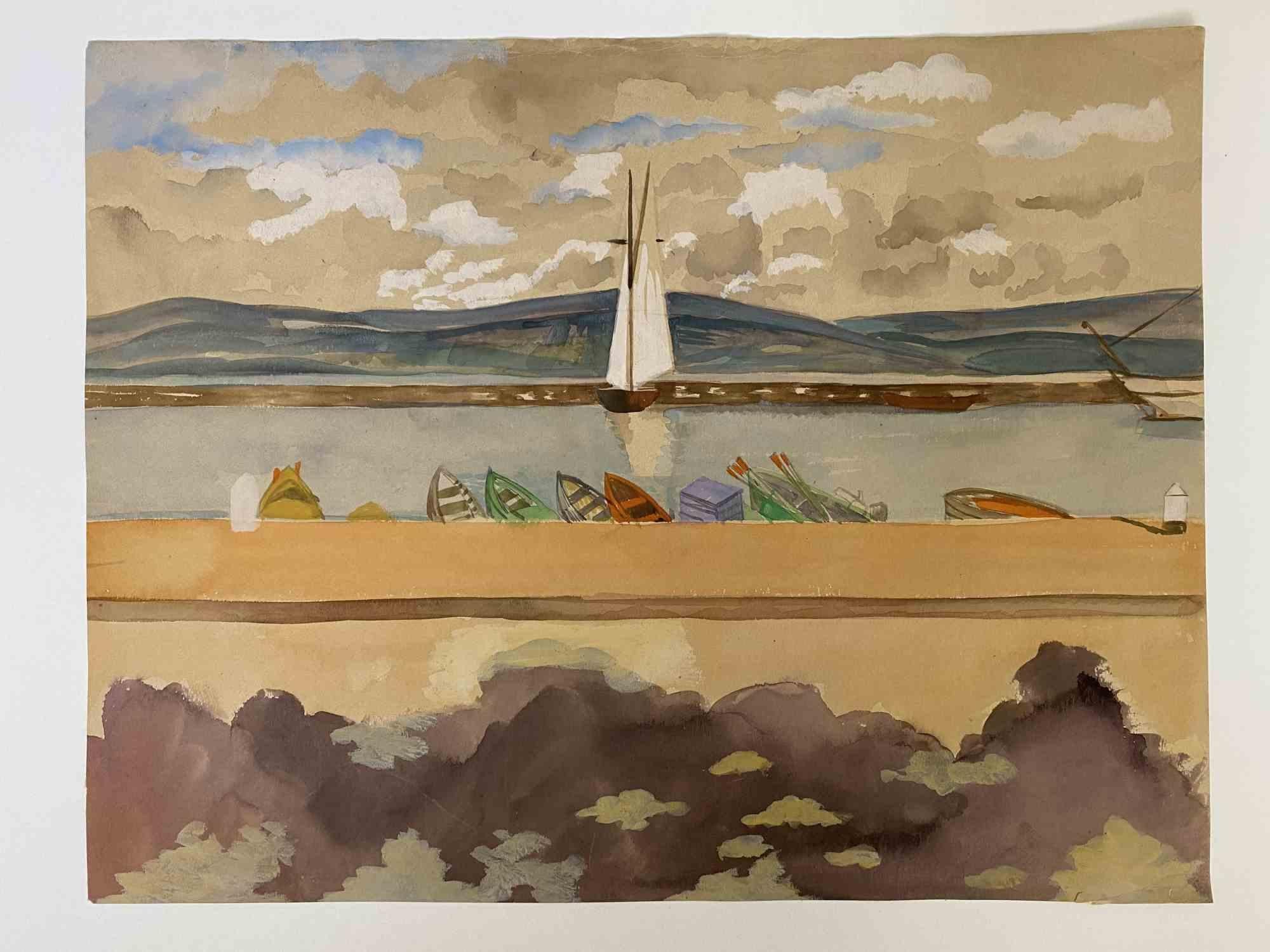 Unknown Landscape Art - The Boat in the Dock - Original Watercolor - 1945 ca