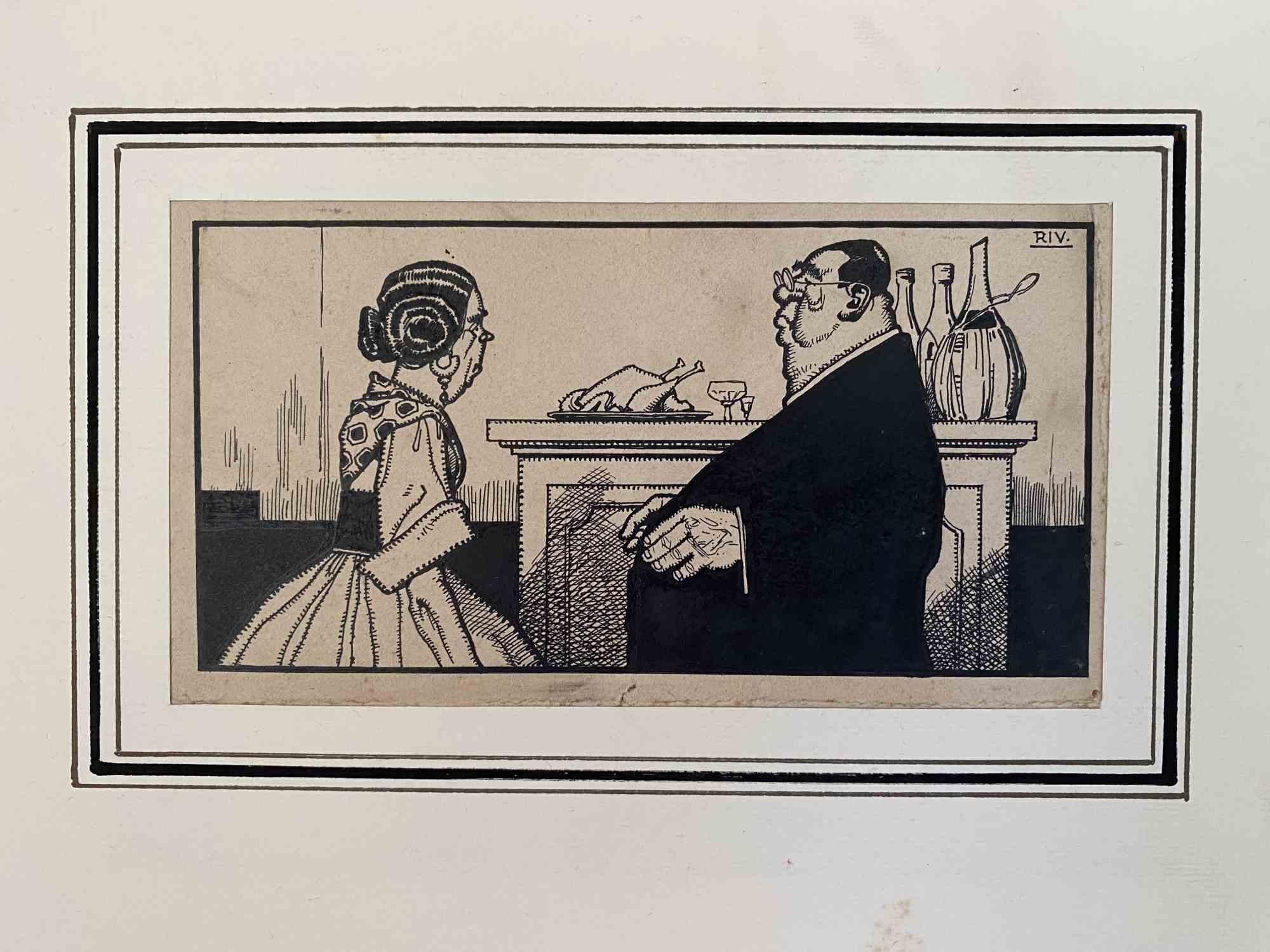The priest with good taste is an original drawing artwork realized by Carlo Rivalta (1887-1941).

China ink drawing on brownish paper.

Monogrammed top-right "RIV"

The state of preservation is good.

The original sheet is mounted on a cardboard